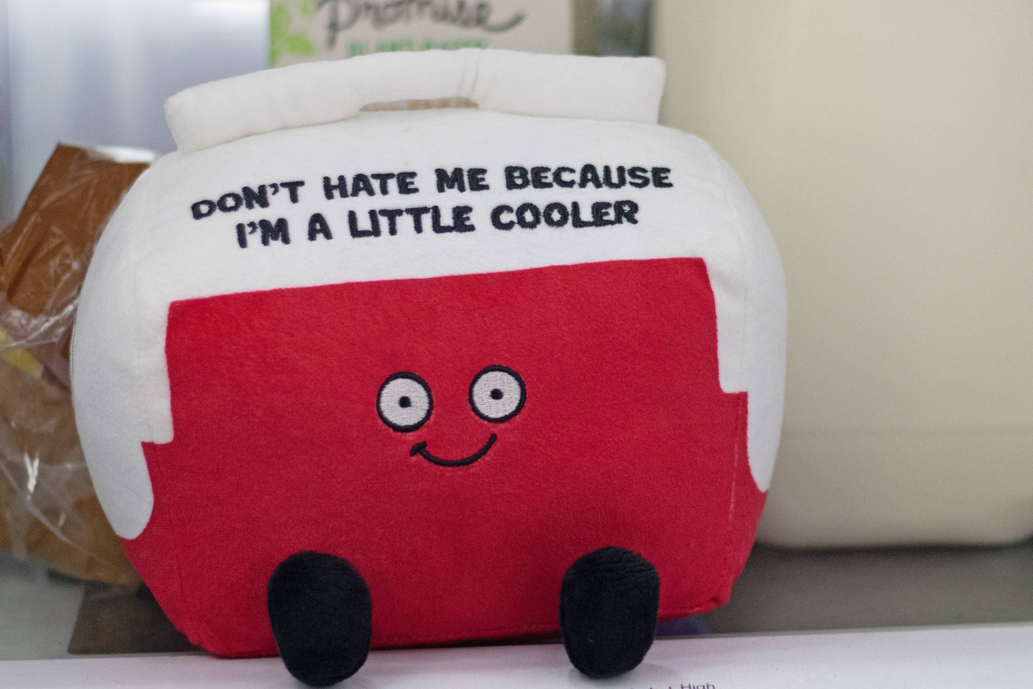 A cooler plushie with a white top and red bottom. The white top features black embroidered text that says, "Don't hate me because I'm a little cooler." The red section has a smiling face, with black legs sticking out from the bottom.