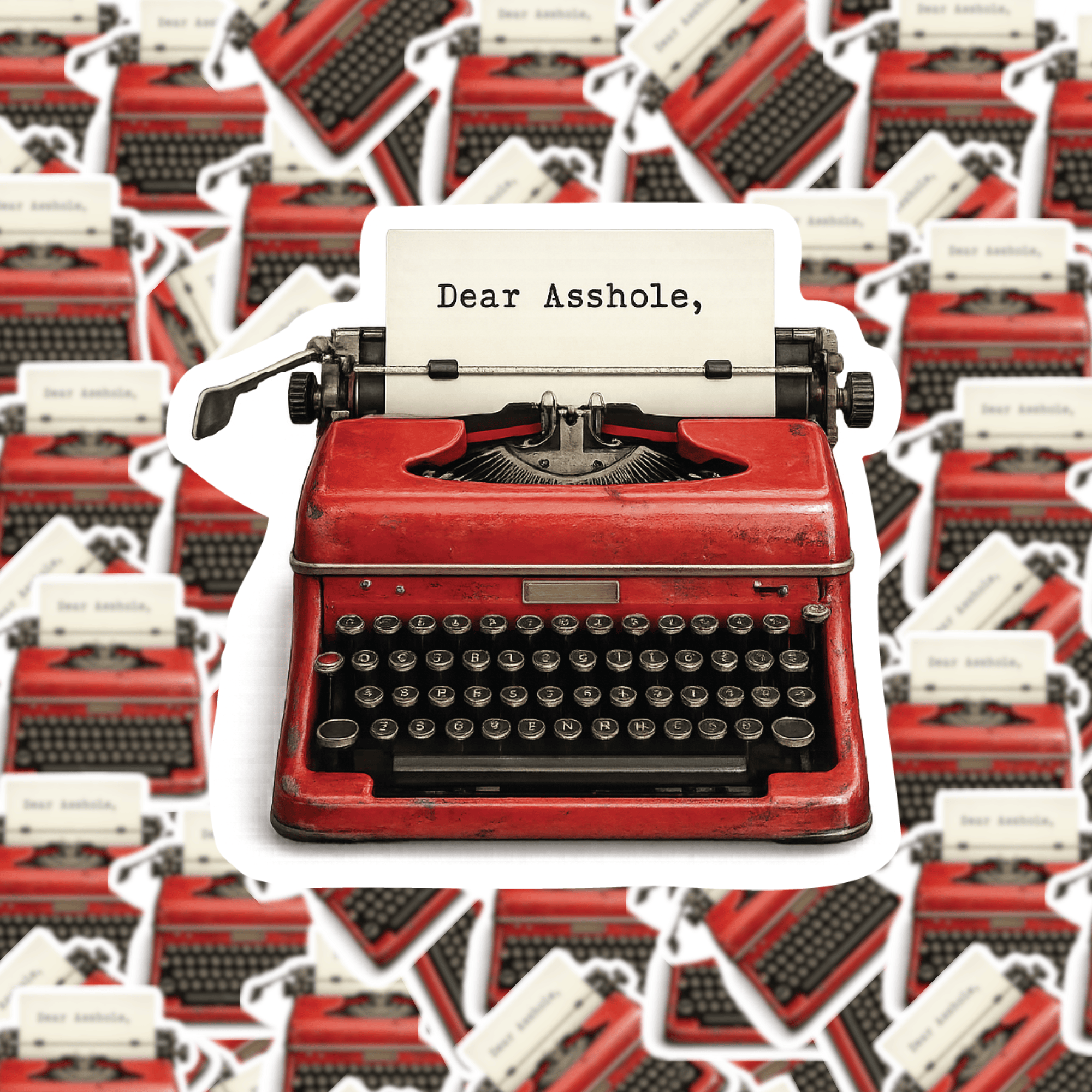 Red typewriter with 'Dear Asshole' text on a pattern of typewriters.