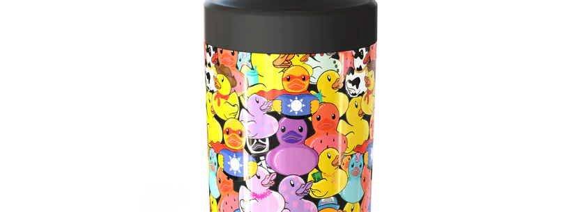 A Frost Buddy insulated can cooler featuring a dense, colorful 'duck' pattern. The design includes a variety of rubber ducks in different colors and costumes, such as a cow-print duck, a skeleton duck, and a wizard duck, shown against a transparent background.