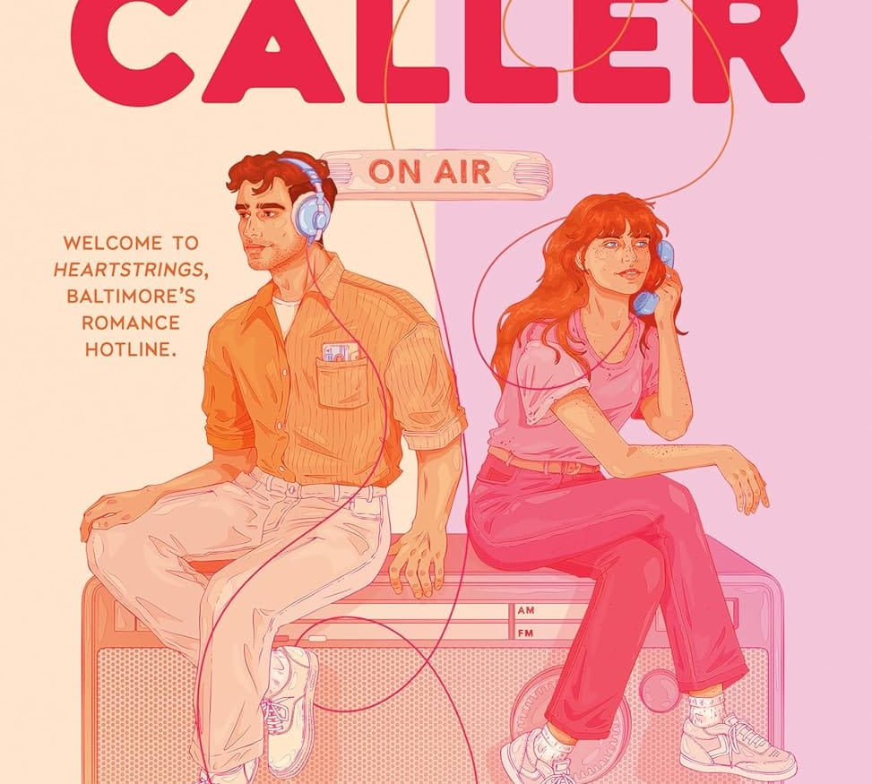 Book cover of 'First-Time Caller' featuring two people on a radio set with pink background