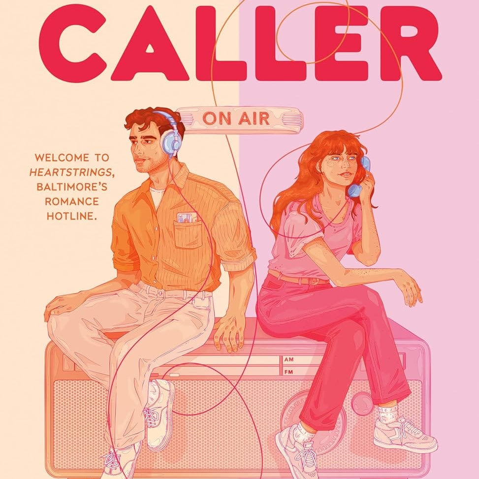 Book cover of 'First-Time Caller' featuring two people on a radio set with pink background