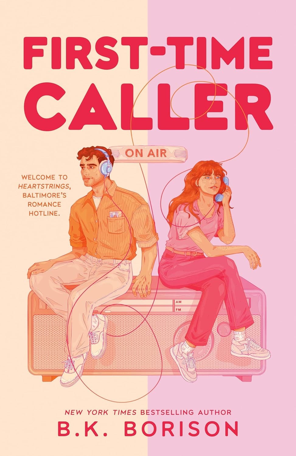 Book cover of 'First-Time Caller' featuring two people on a radio set with pink background