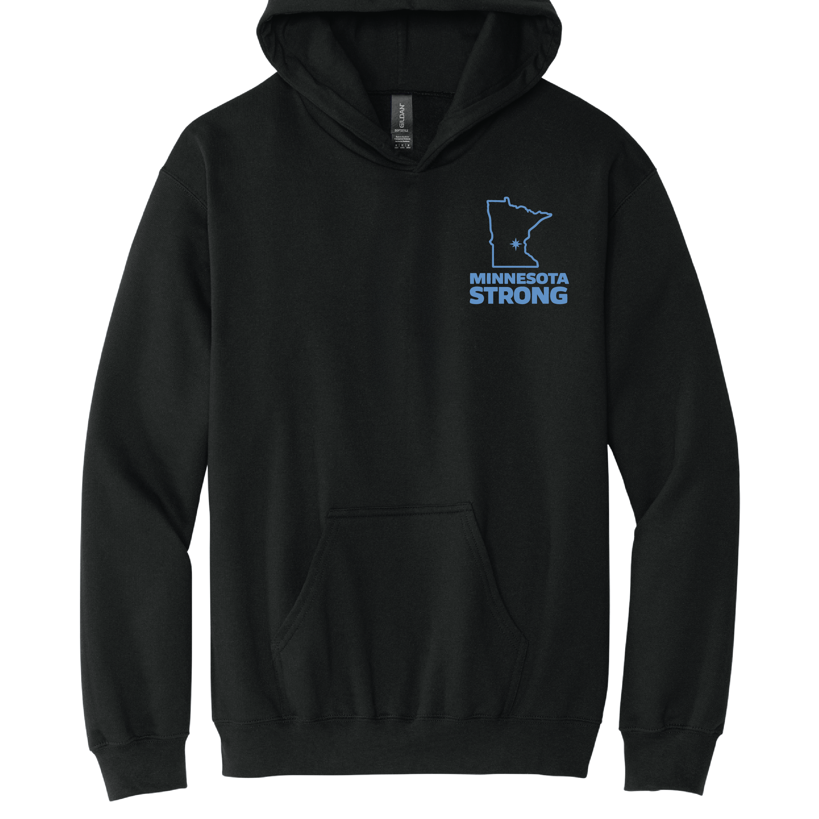 Black hoodie with 'Minnesota Strong' logo on a white background