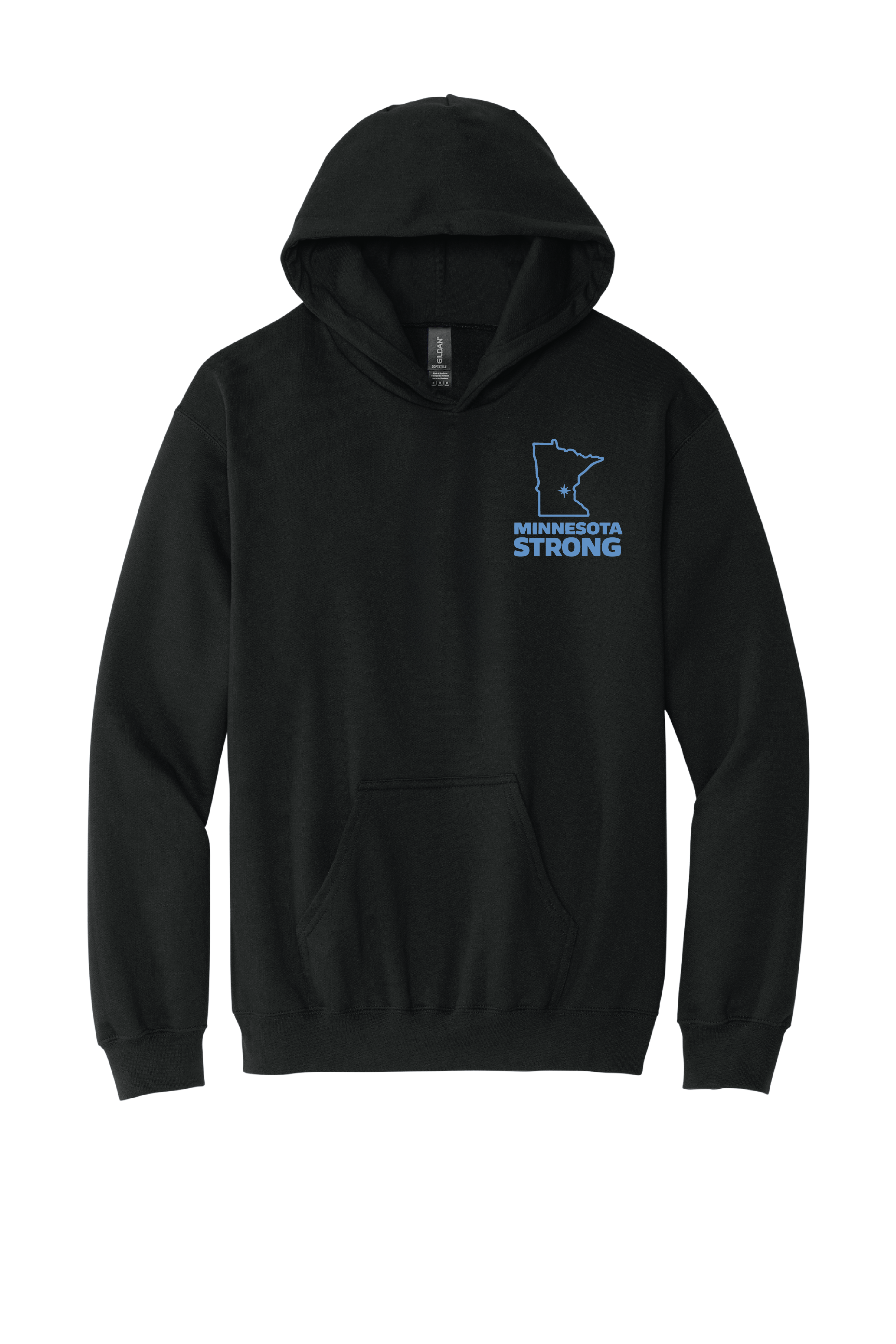 Black hoodie with 'Minnesota Strong' logo on a white background