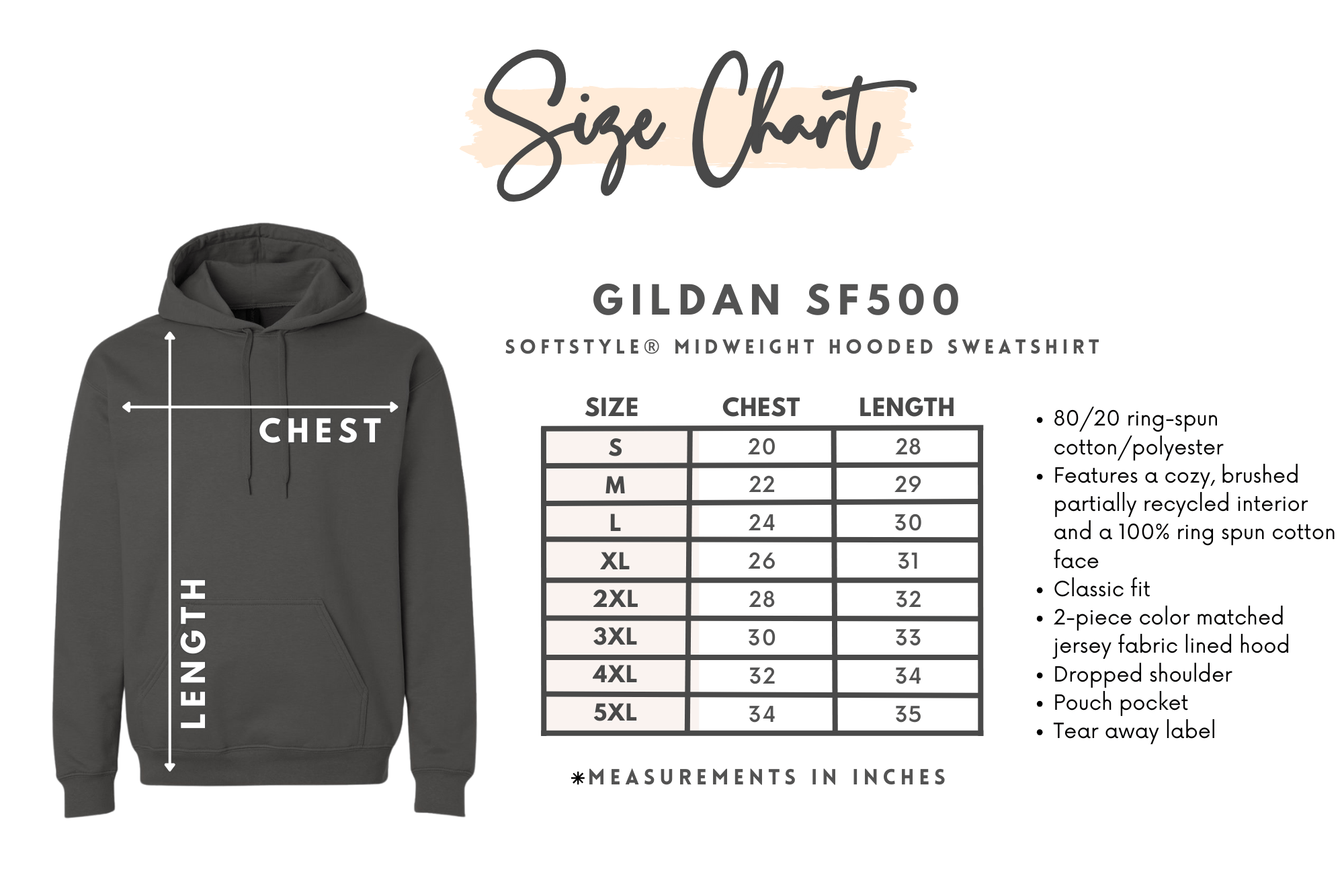 Gildan SF500 hoodie size chart on a white background.