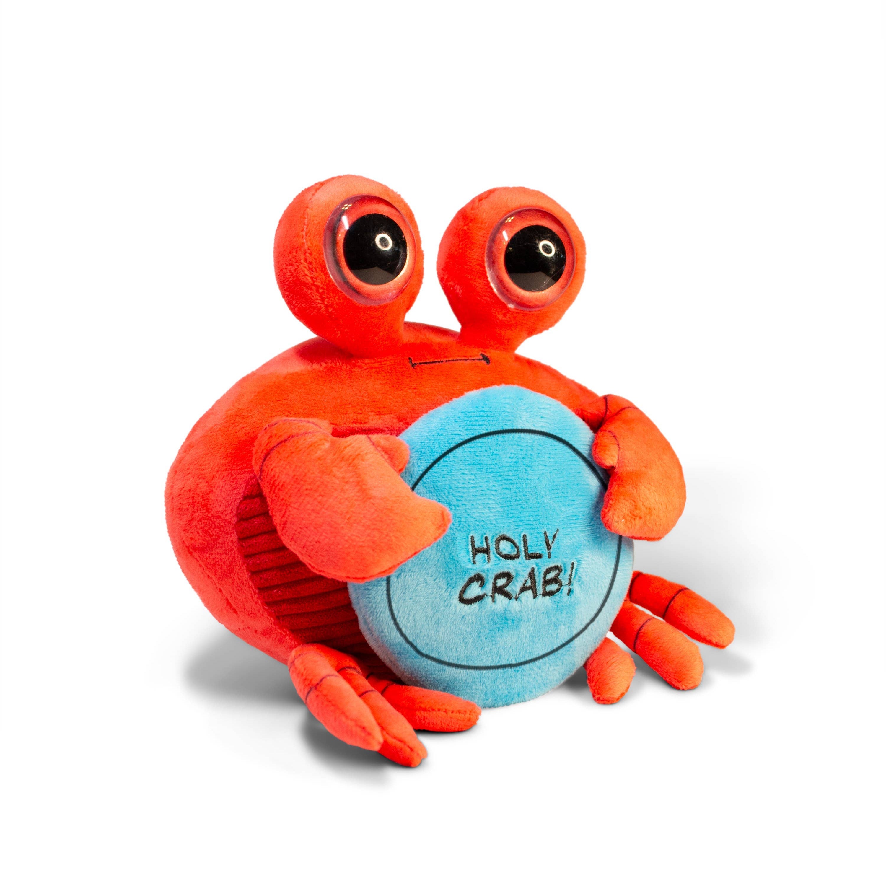 A plush crab with cute claws, 3D eyes, and a thick, huggable body. It holds a bright blue sign displaying a punny message. The crab has an expressive and humorous design, making it a fun gift for a friend.