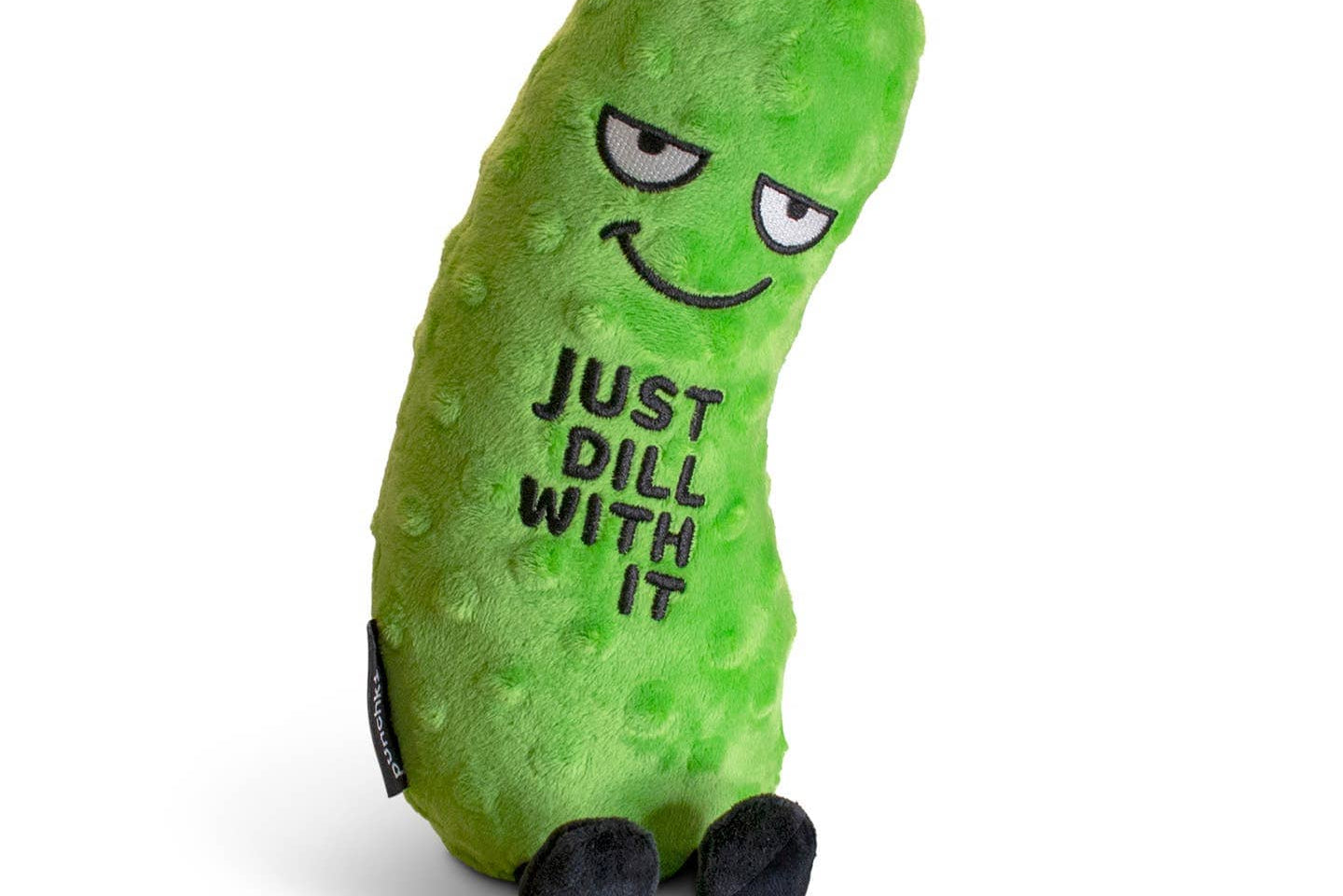 A green pickle plush with a smiley face, black legs, and black text on the front that reads 'Just Dill With It.' The plush has a soft, playful design with a humorous touch.