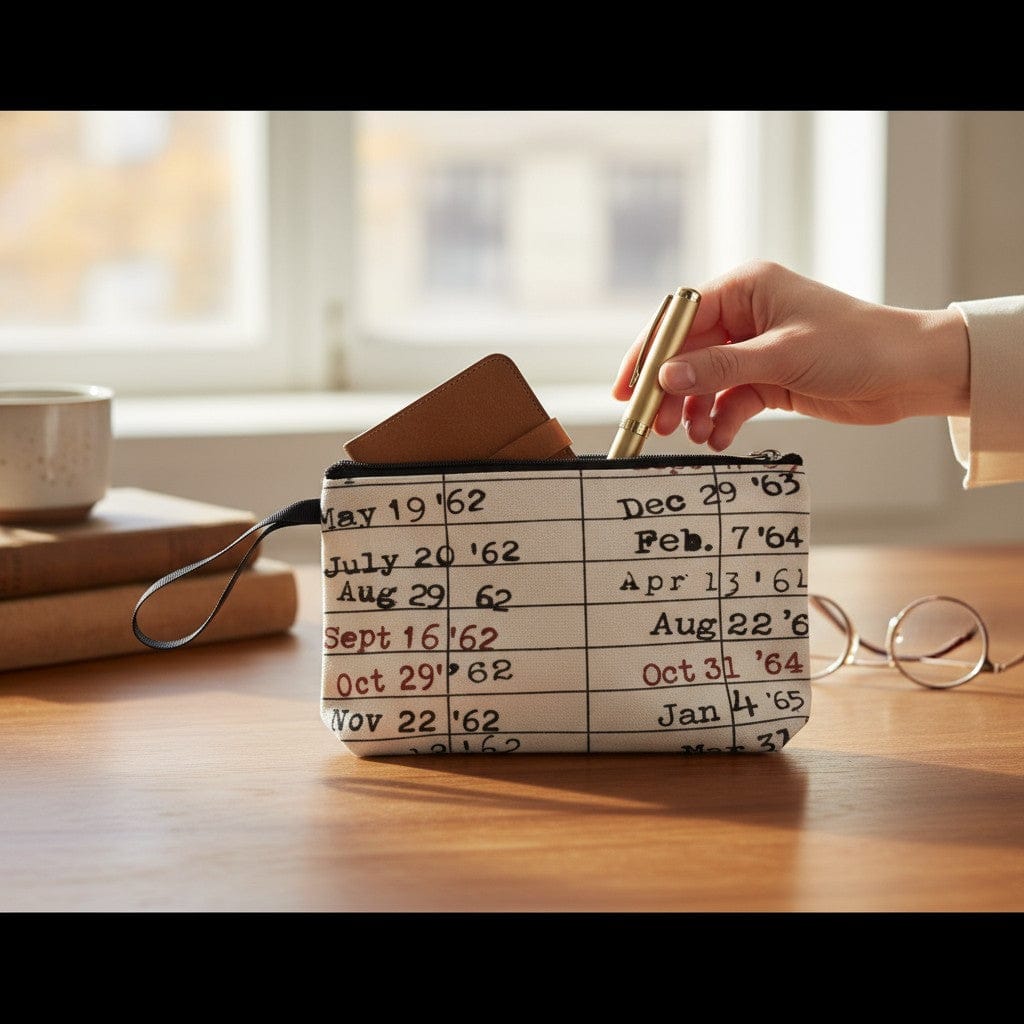 Library Due Date Card Canvas Pouch for book lovers — cream canvas bag with vintage library design, ideal for pens, pencils, or makeup