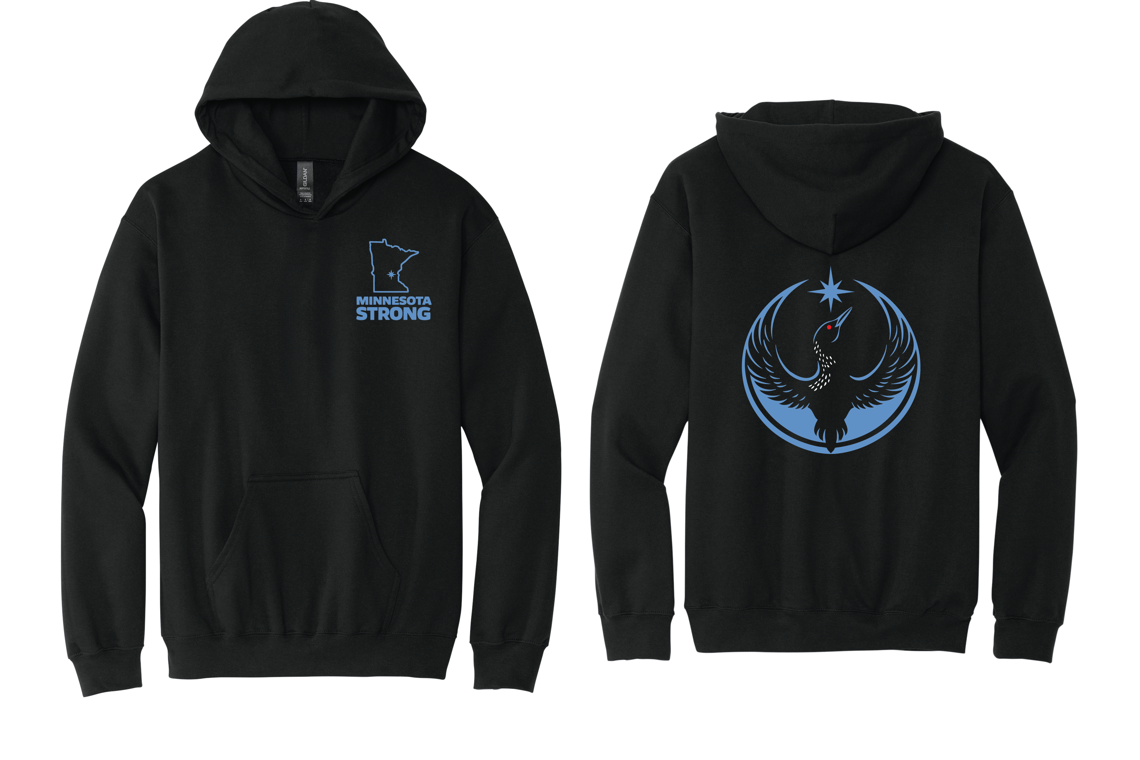 Black hoodie with 'Minnesota Strong' design on front and circular 'Minnesota Rebel Loon' emblem with bird and star on back
