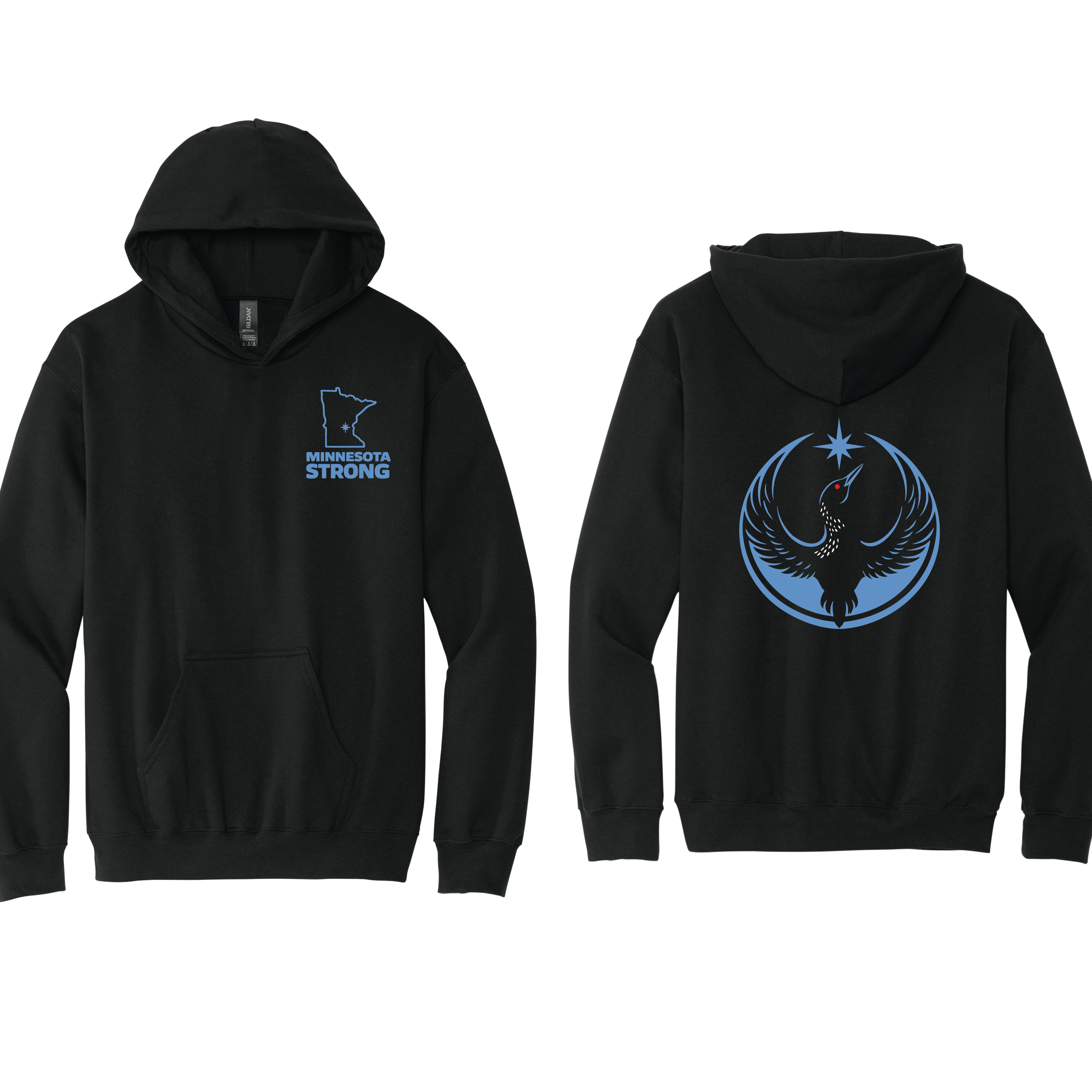 Black hoodie with 'Minnesota Strong' design on front and circular 'Minnesota Rebel Loon' emblem with bird and star on back