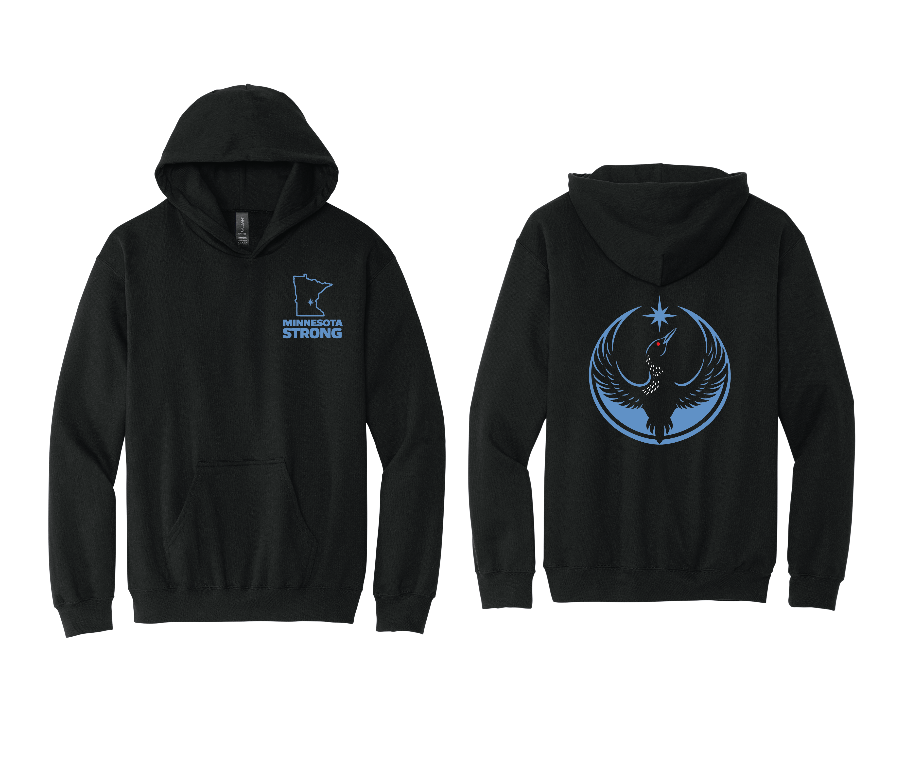Black hoodie with 'Minnesota Strong' design on front and circular 'Minnesota Rebel Loon' emblem with bird and star on back