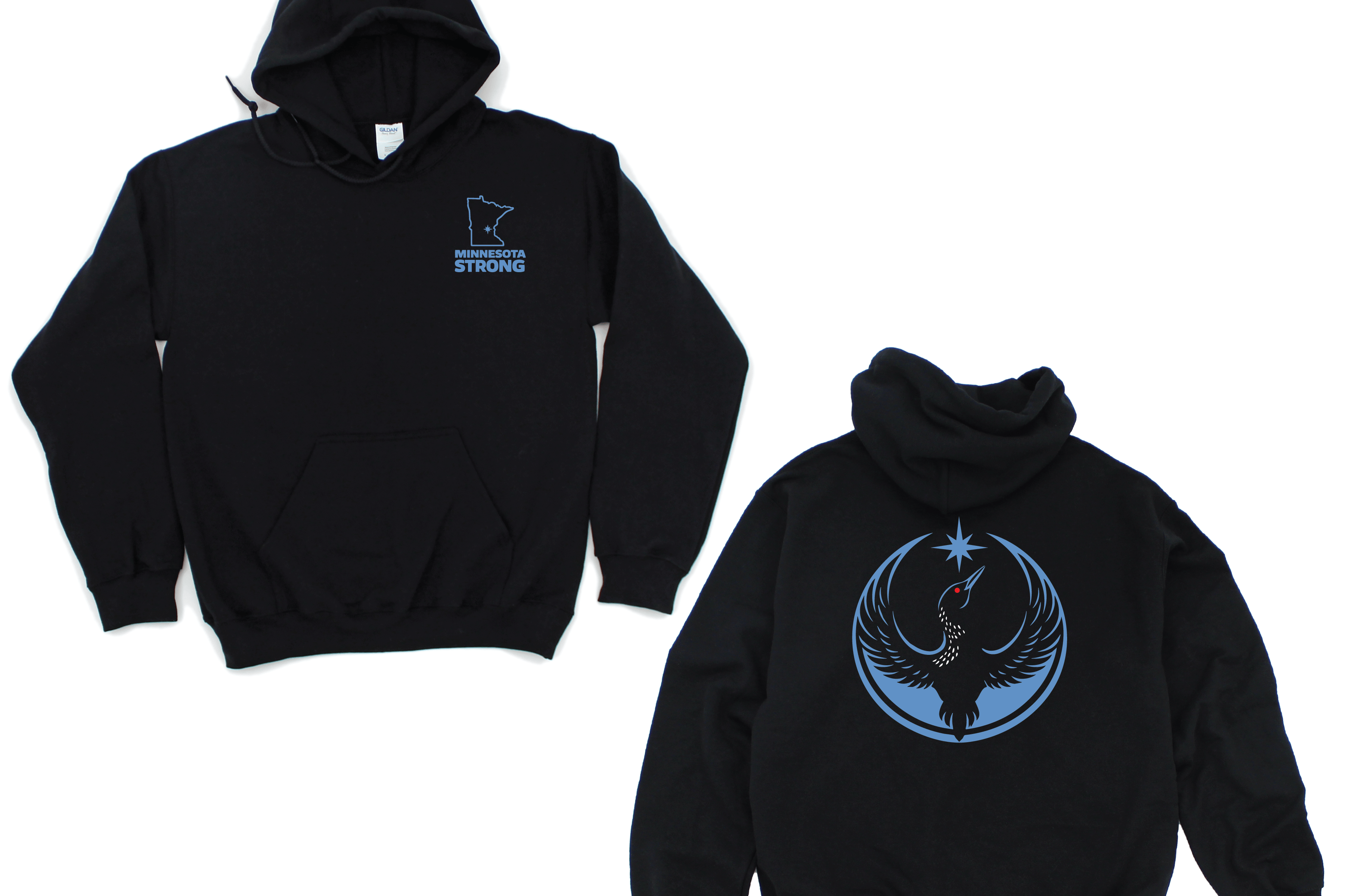 Black hoodie with front and back designs on a white background