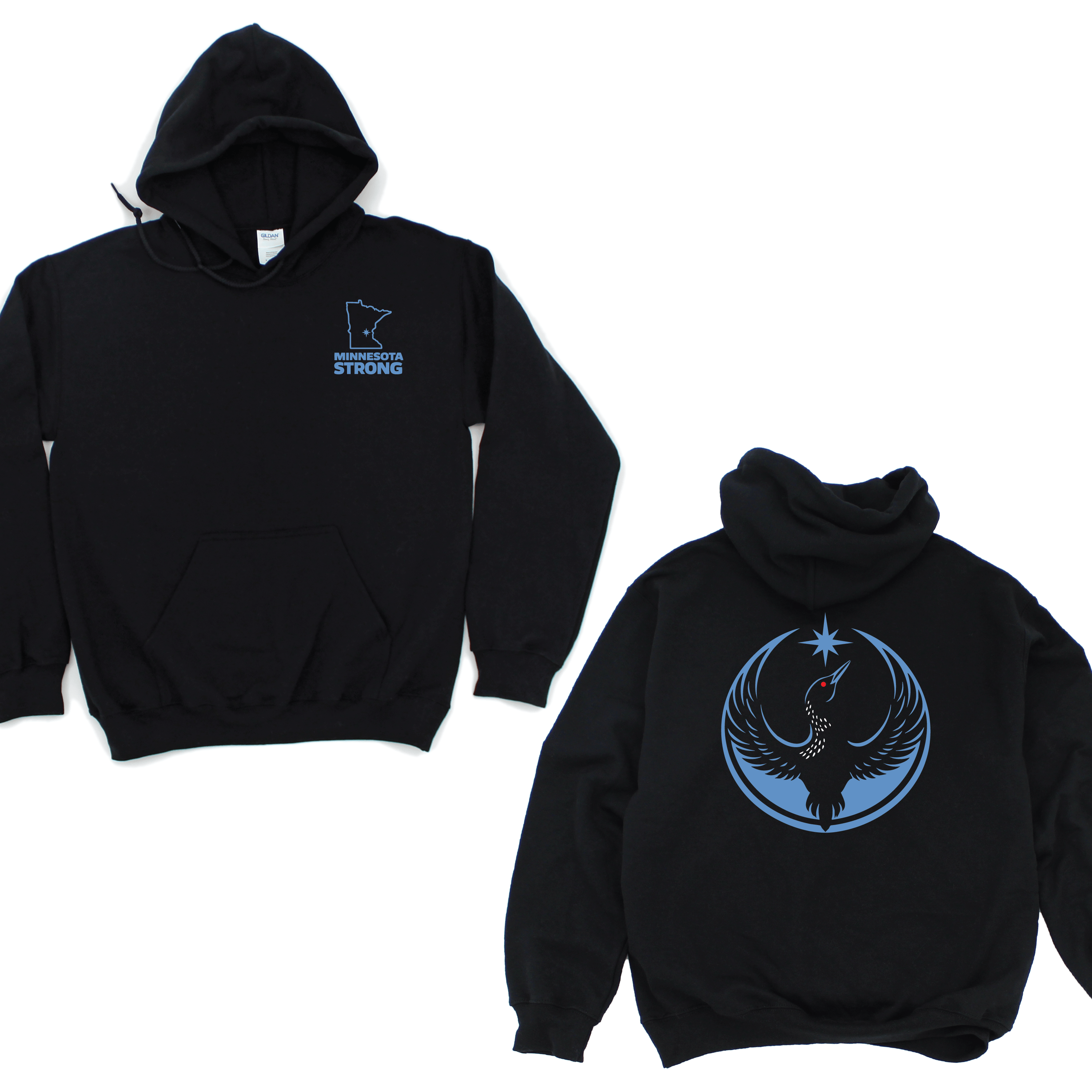 Black hoodie with front and back designs on a white background