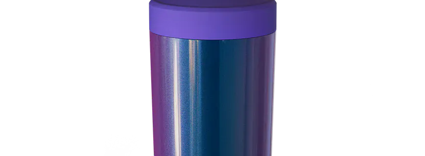 A tall Frost Buddy insulated bottle with a shimmering, metallic gradient finish that transitions from deep purple at the top to teal at the bottom. It features a solid purple rim and a white twist-off cap, shown against a transparent background.