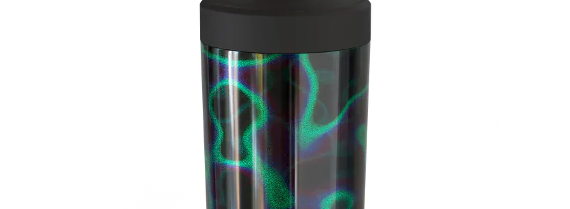 A Frost Buddy insulated can cooler featuring a vibrant 'Northern Lights' design with swirling neon green, purple, and blue wavy lines on a dark background. It is shown with a white twist-off top against a transparent background.