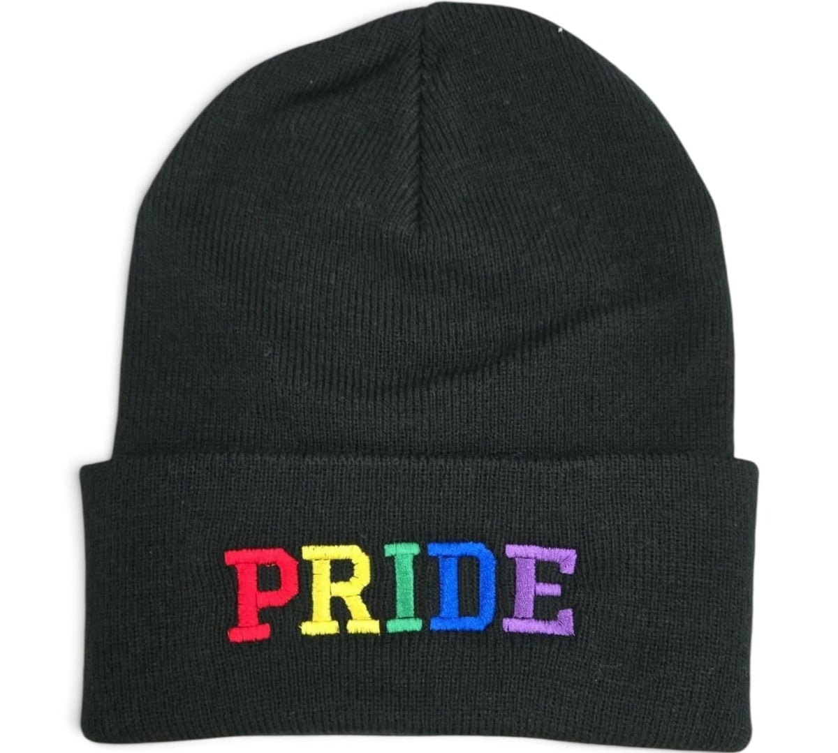 PRIDE Beanie in black with rainbow embroidered lettering