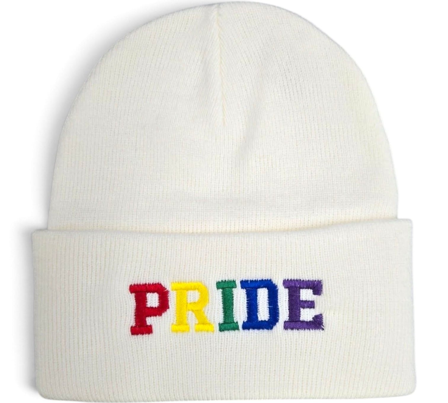 PRIDE Beanie in white with rainbow embroidered lettering