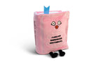 Light pink plush book sitting up with kissy face and black embroidered words that say 'I like my romances historical.' Black legs sticking out bottom and a blue bookmark peeking out the top.