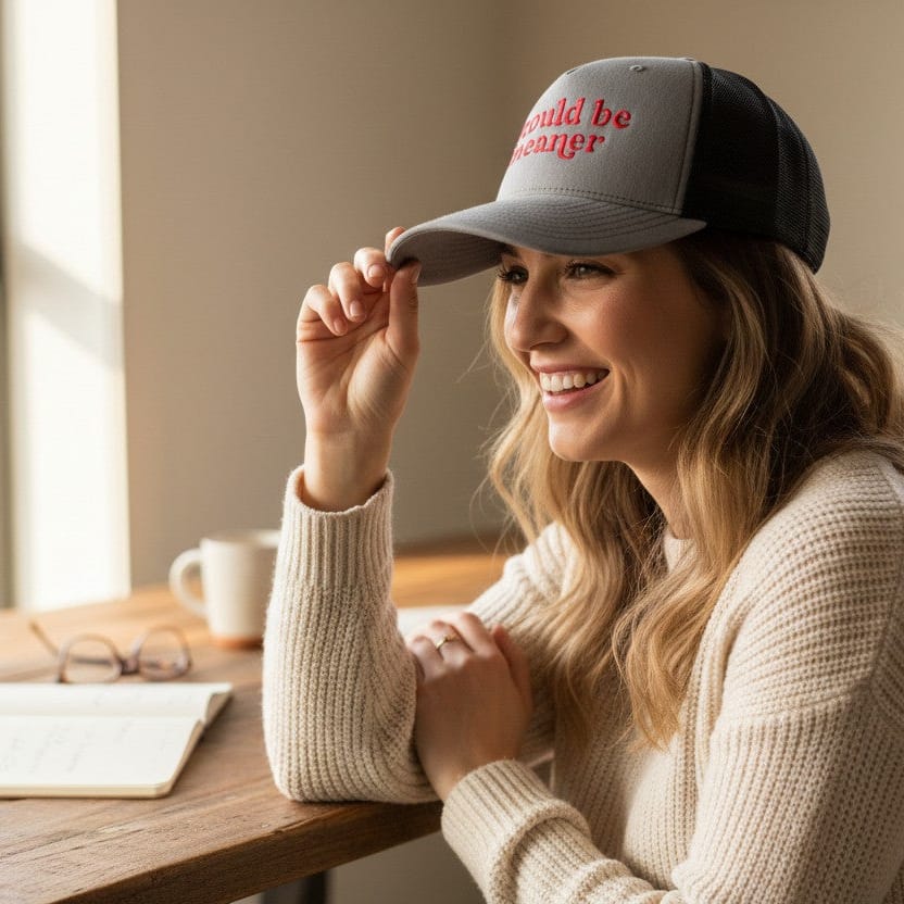 A woman in a beige knit sweater sits at a wooden table indoors, smiling and adjusting a gray and black trucker hat with red embroidered text that reads 'could be better'.