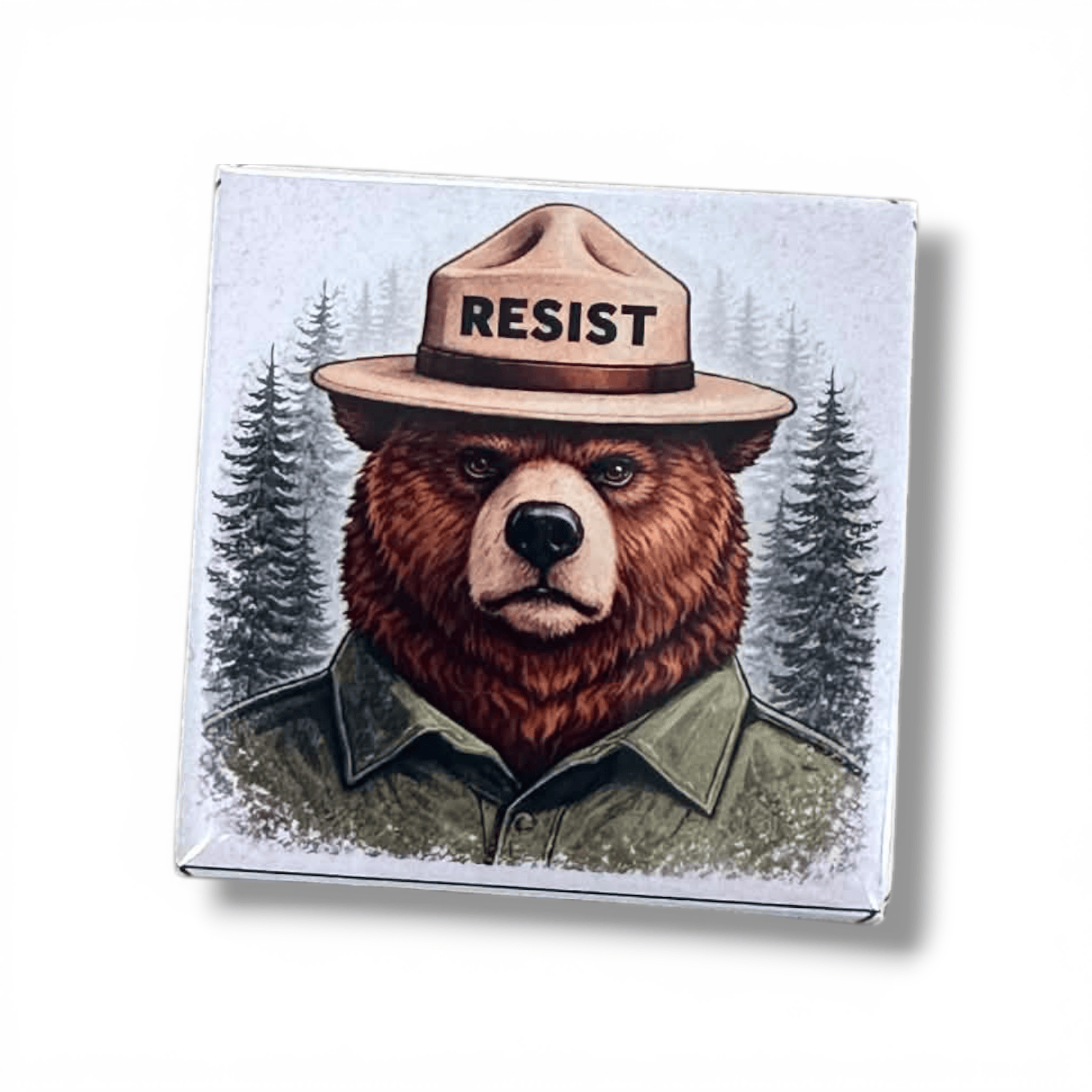 Bear wearing a hat with 'RESIST' text against a forest background