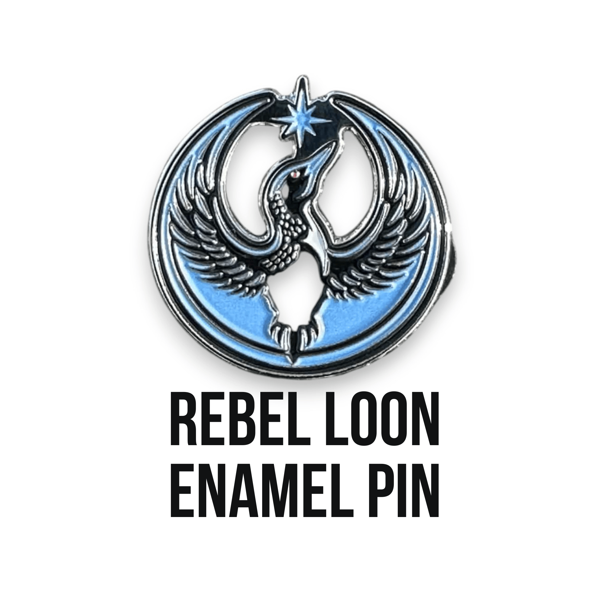Rebel Loon enamel pin with a blue and silver design on a white background