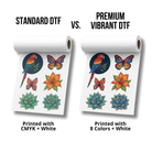 Comparison of Standard DTF and Premium Vibrant DTF prints with colorful designs on a white background.