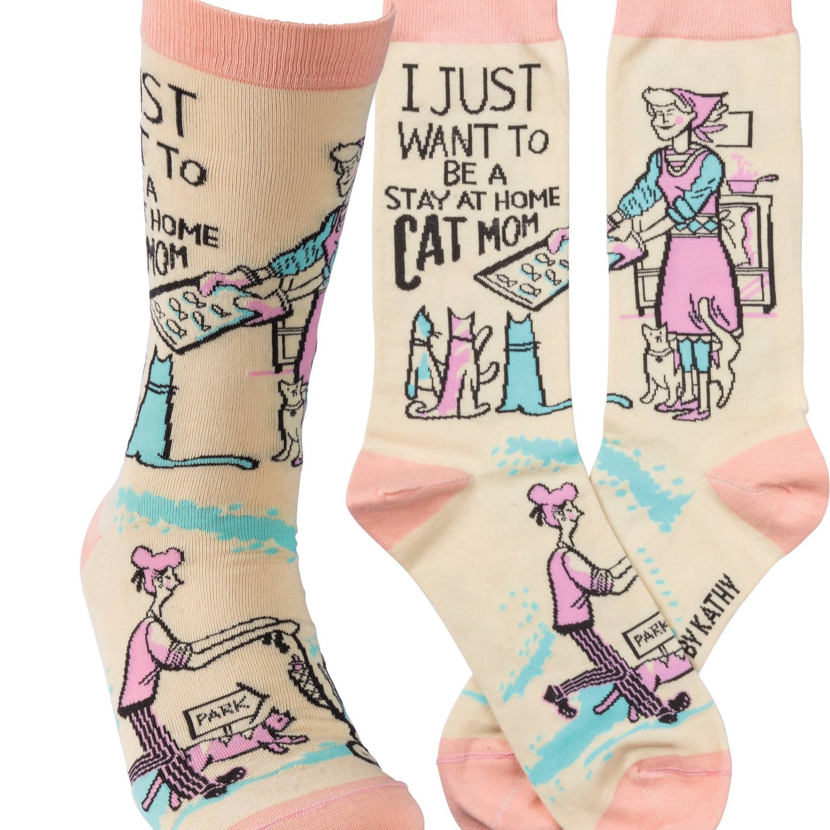 cream and pink socks with black text "All I Want To Be Is A Stay At Home Cat Mom."
