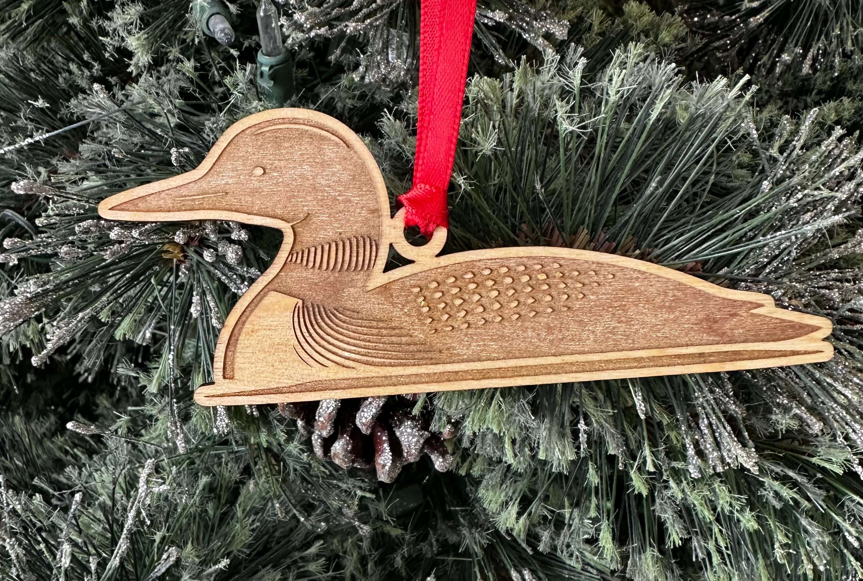 wooden loon engraved christmas ornament