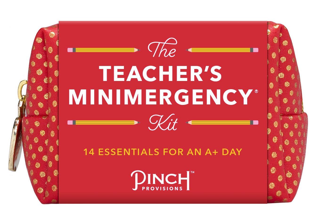 Red 'Teacher's Minimergency Kit' with gold polka dot pattern on a white background