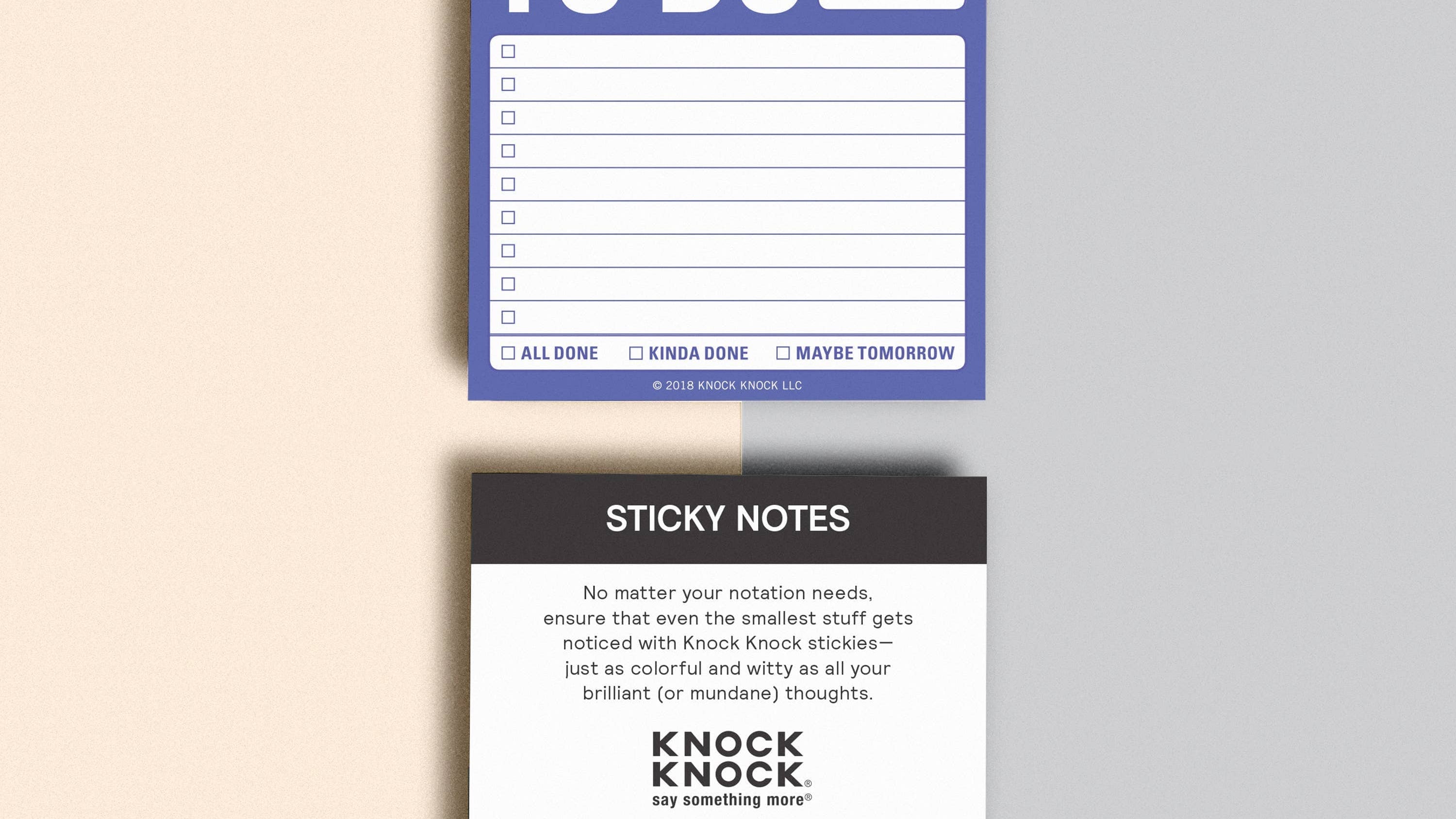 A "To Do" sticky note pad with spaces for tasks and checkboxes for completion status. Below is a packaging card with branding and product details.