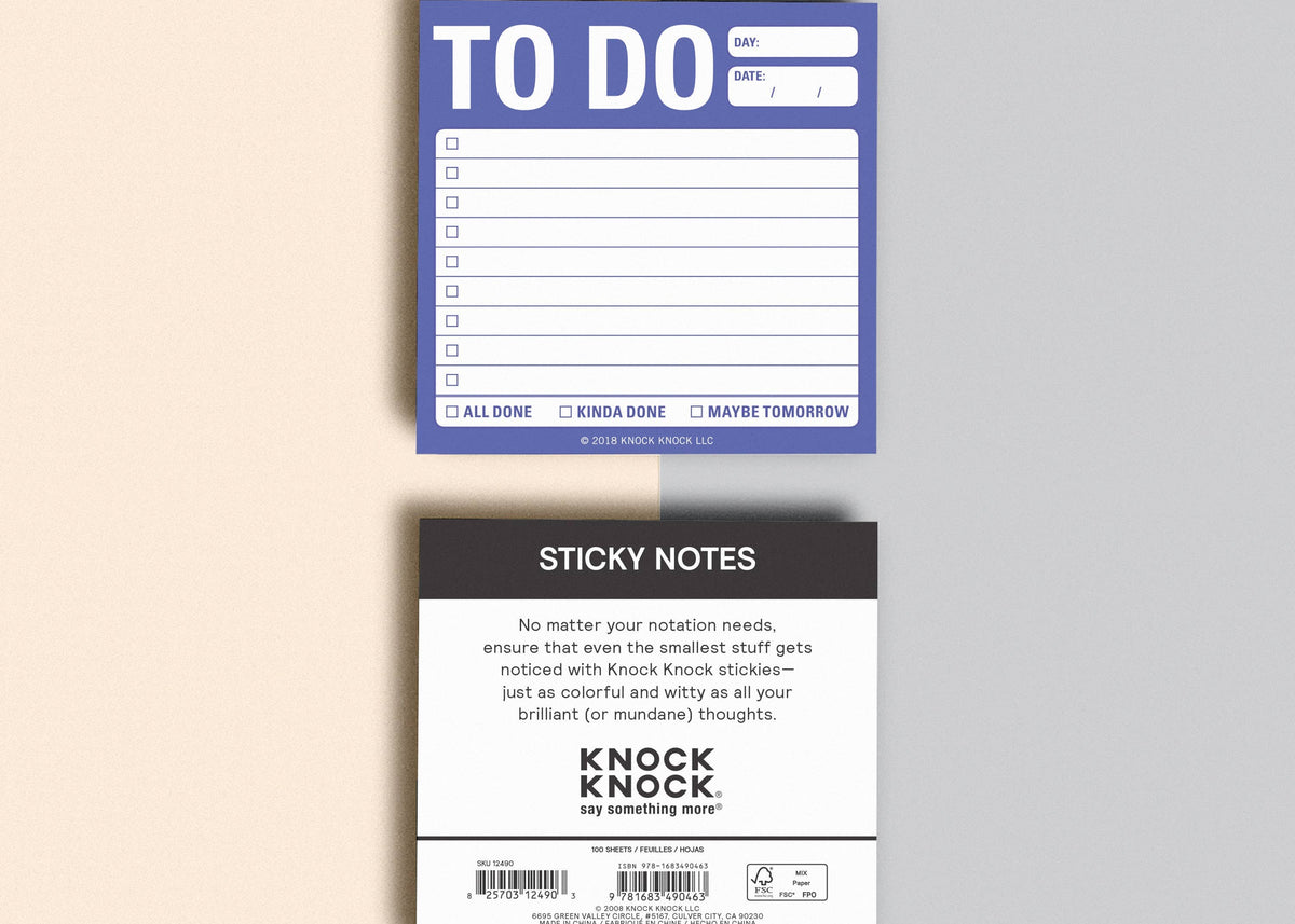 A "To Do" sticky note pad with spaces for tasks and checkboxes for completion status. Below is a packaging card with branding and product details.