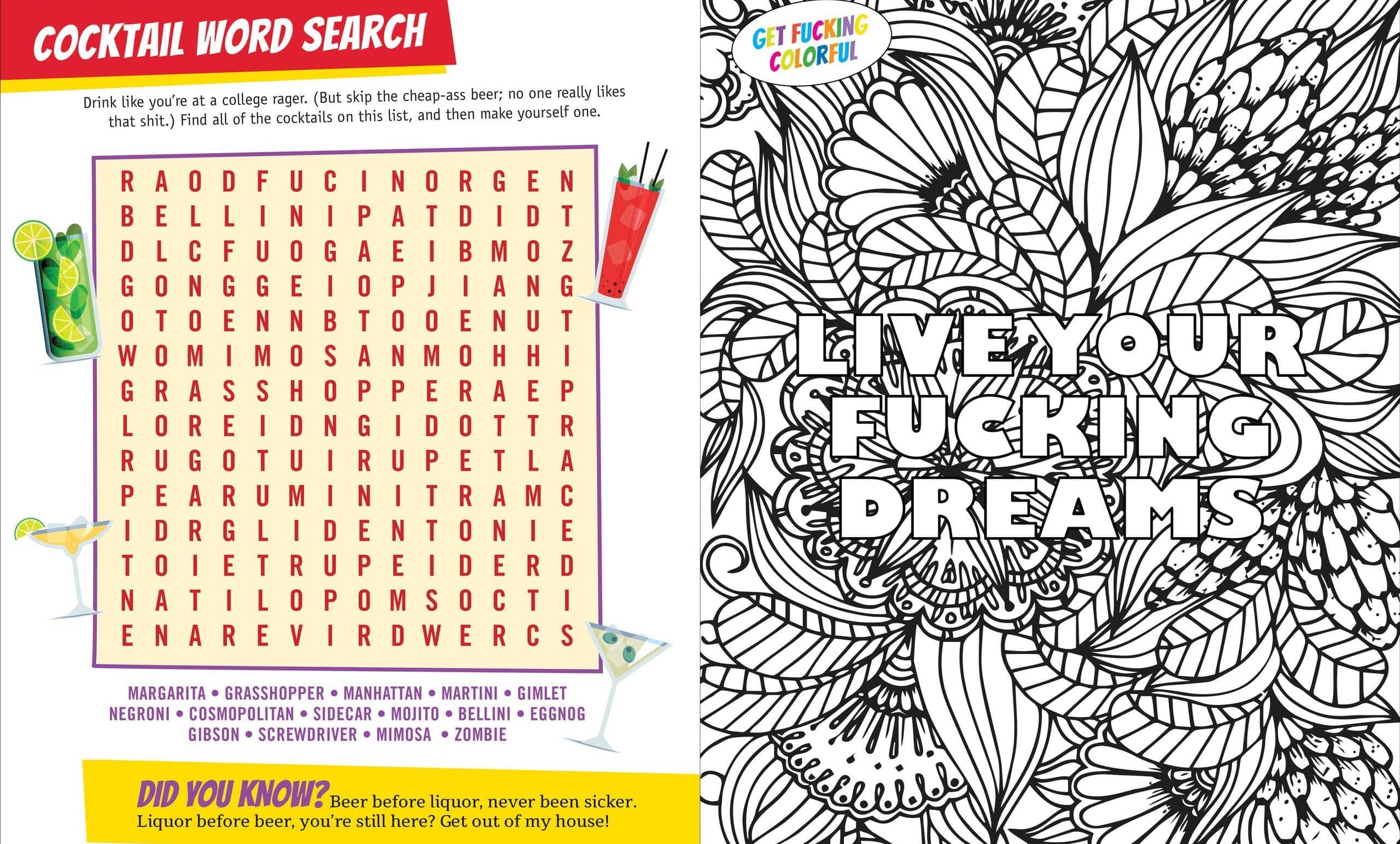 Left page: A cocktail-themed word search puzzle with playful, irreverent text instructions and images of cocktails. Right page: An intricate black and white floral pattern with bold text, "Live Your Fucking Dreams," encouraging motivation and creativity.