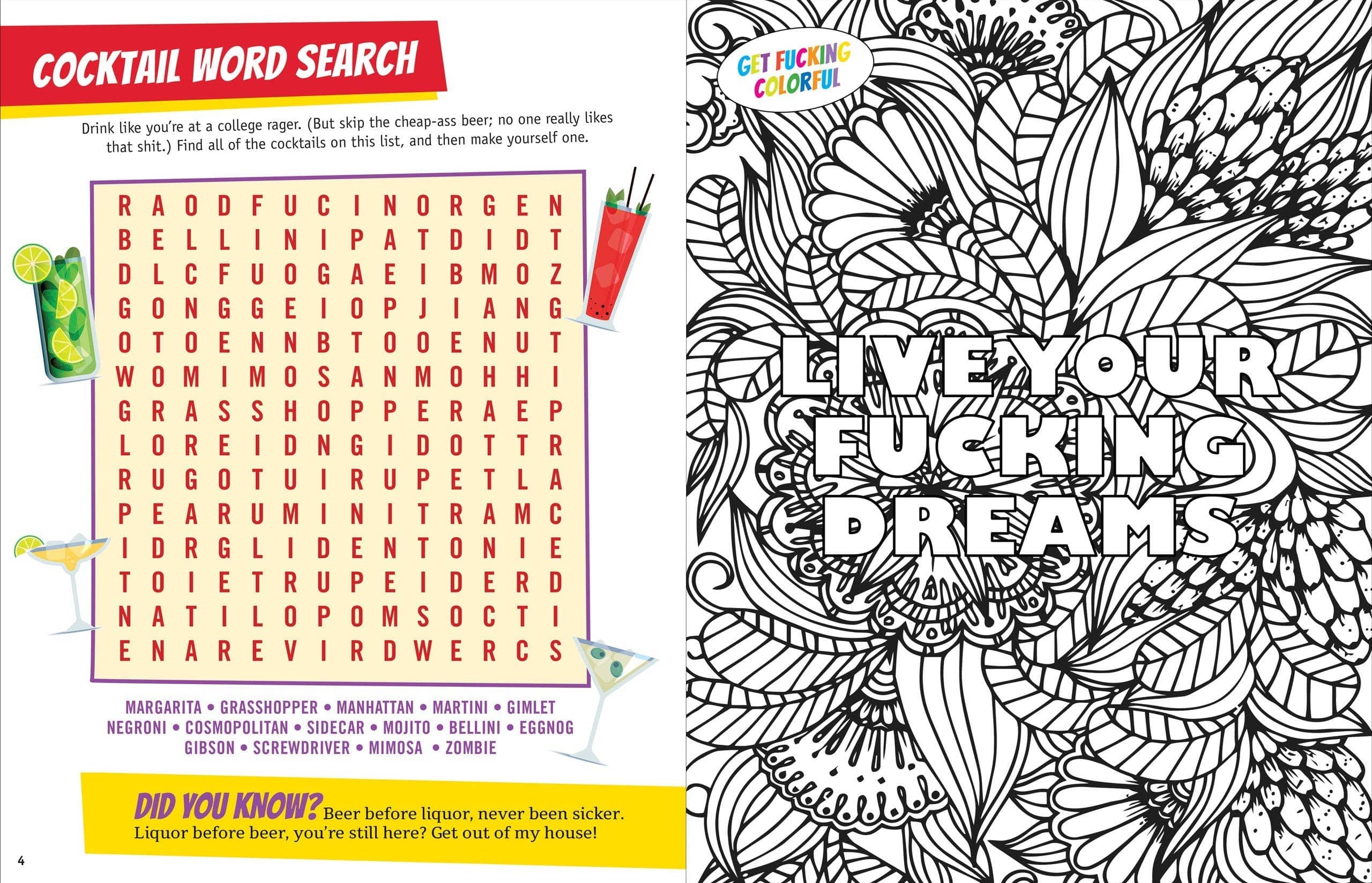 Left page: A cocktail-themed word search puzzle with playful, irreverent text instructions and images of cocktails. Right page: An intricate black and white floral pattern with bold text, "Live Your Fucking Dreams," encouraging motivation and creativity.
