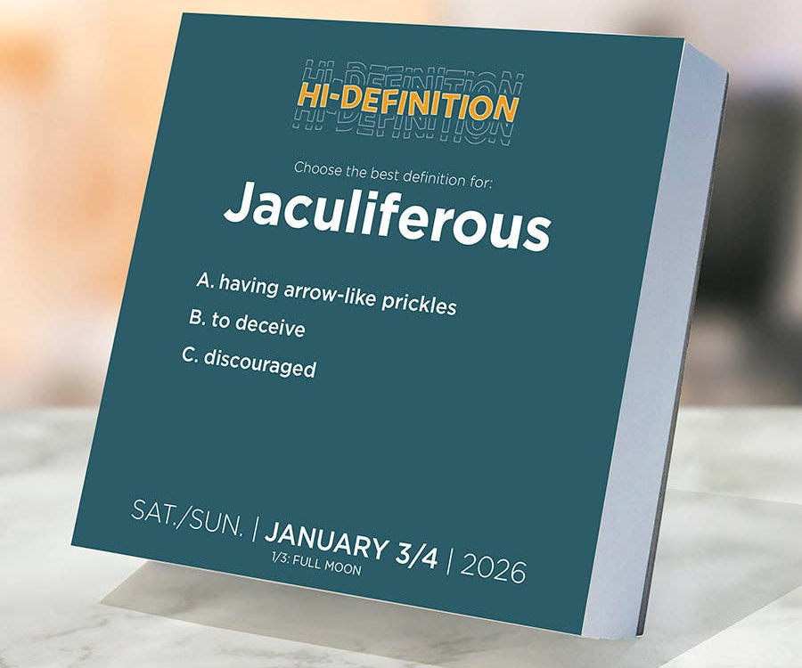 A calendar page titled "HI-DEFINITION" features the word "Jaculiferous" with three definition options: A. having arrow-like prickles, B. to deceive, C. discouraged. Dated January 3/4, 2026.