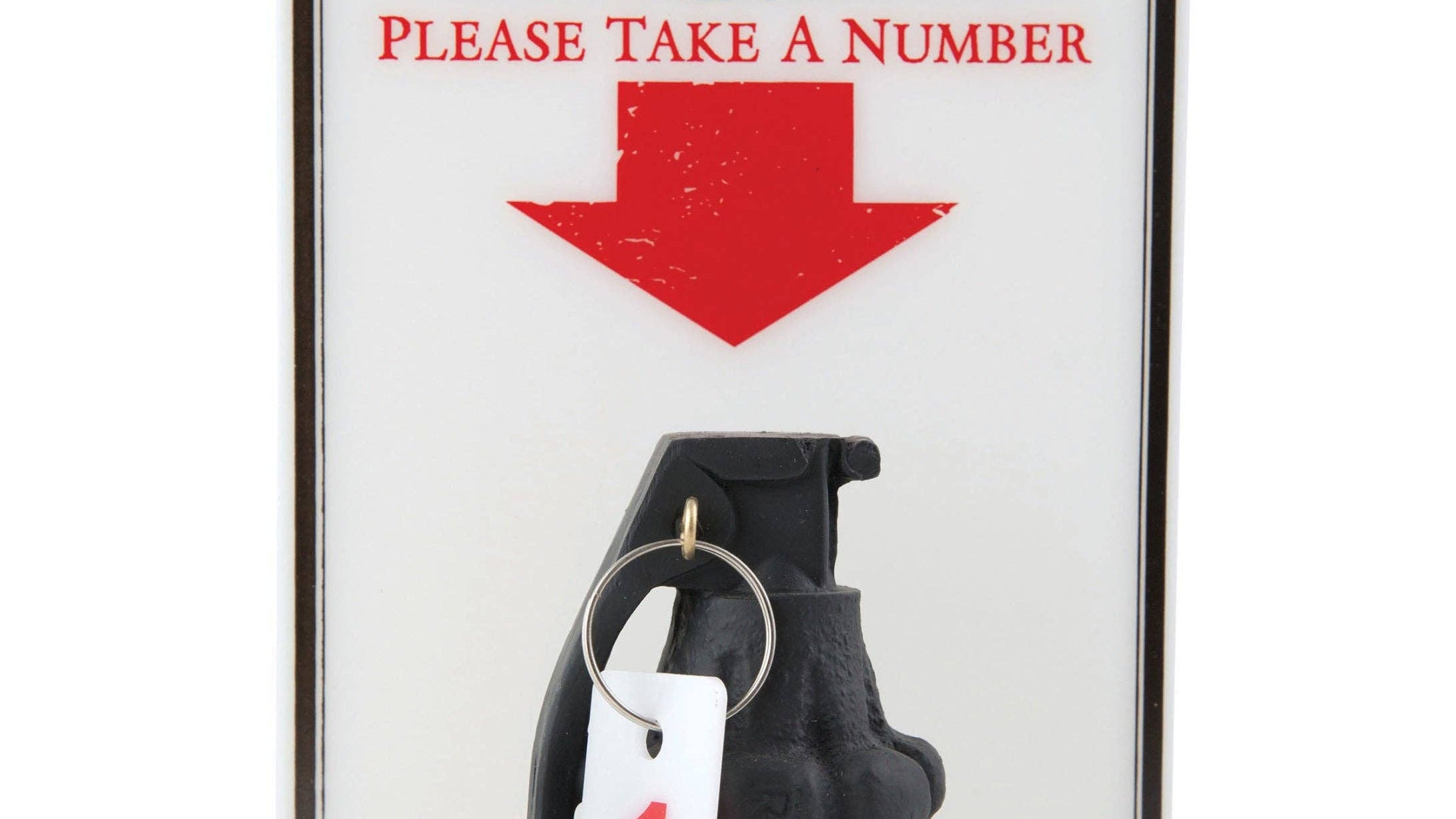 A sign says "Complaint Department" with "Please Take a Number" in red below. An arrow points to a black grenade with a "1" tag attached, adding humor.