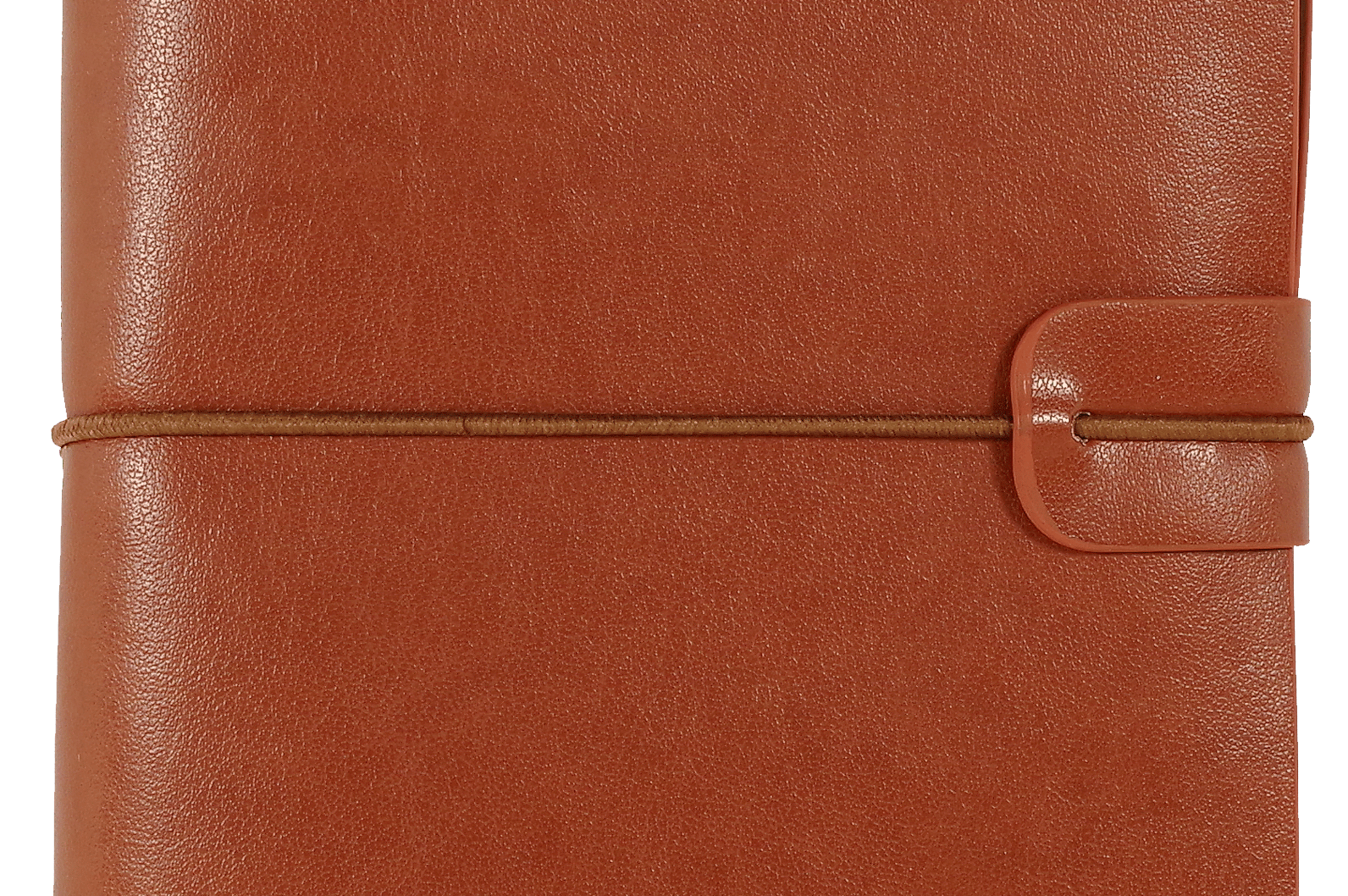 A brown leather journal with a textured cover is closed with a slim elastic band. A strap closure adds to its rustic and elegant appearance.