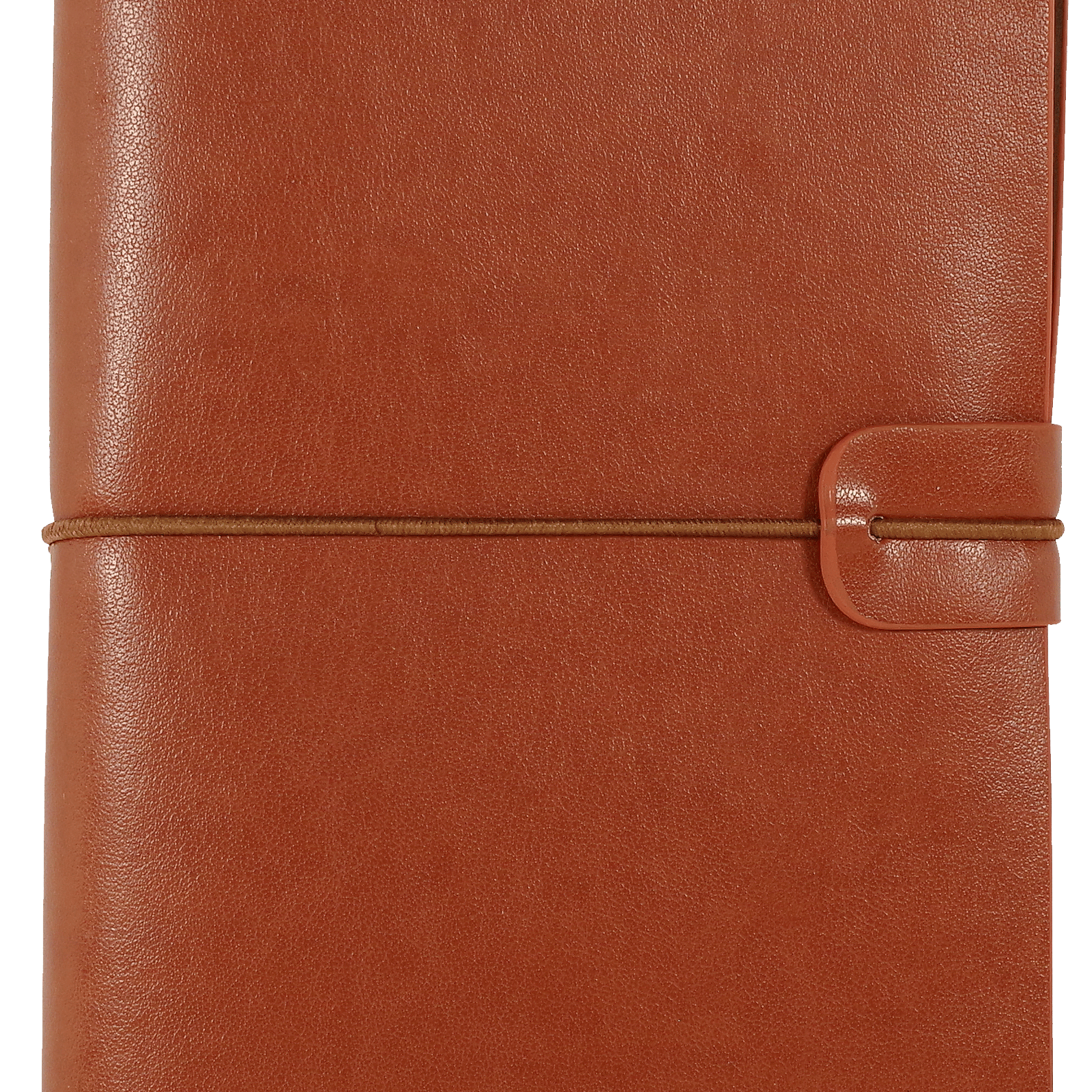 A brown leather journal with a textured cover is closed with a slim elastic band. A strap closure adds to its rustic and elegant appearance.