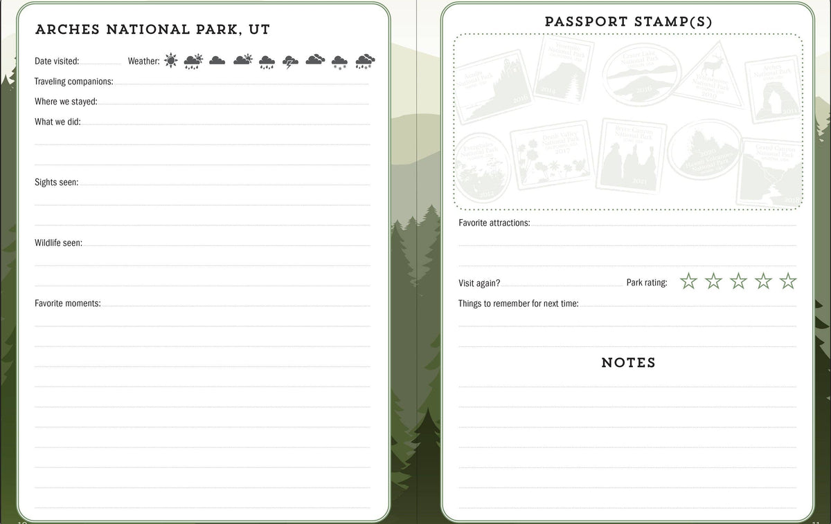 A journal page for Arches National Park, UT, featuring sections for date, weather, companions, sights, and wildlife. Includes a 'passport stamps' area, park rating, and notes section. Background shows illustrated pine trees and rolling hills.