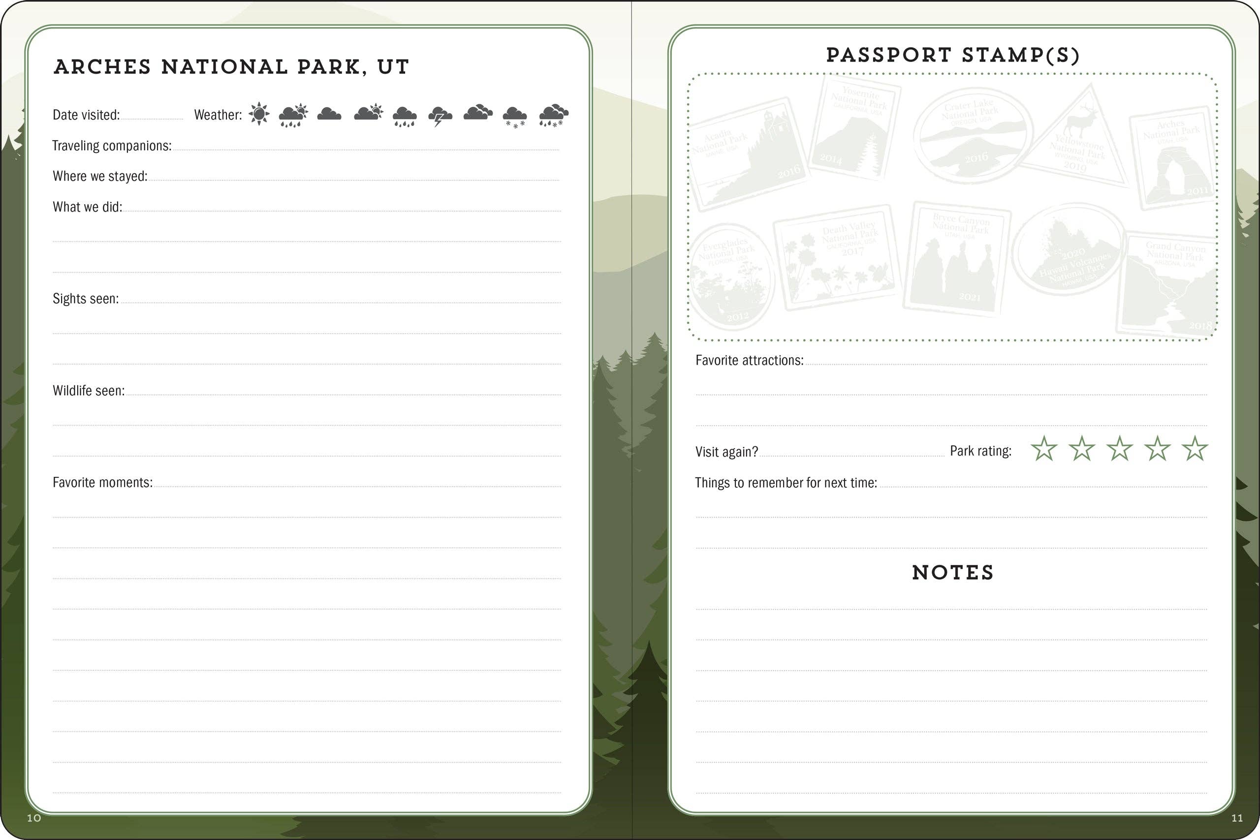 A journal page for Arches National Park, UT, featuring sections for date, weather, companions, sights, and wildlife. Includes a 'passport stamps' area, park rating, and notes section. Background shows illustrated pine trees and rolling hills.