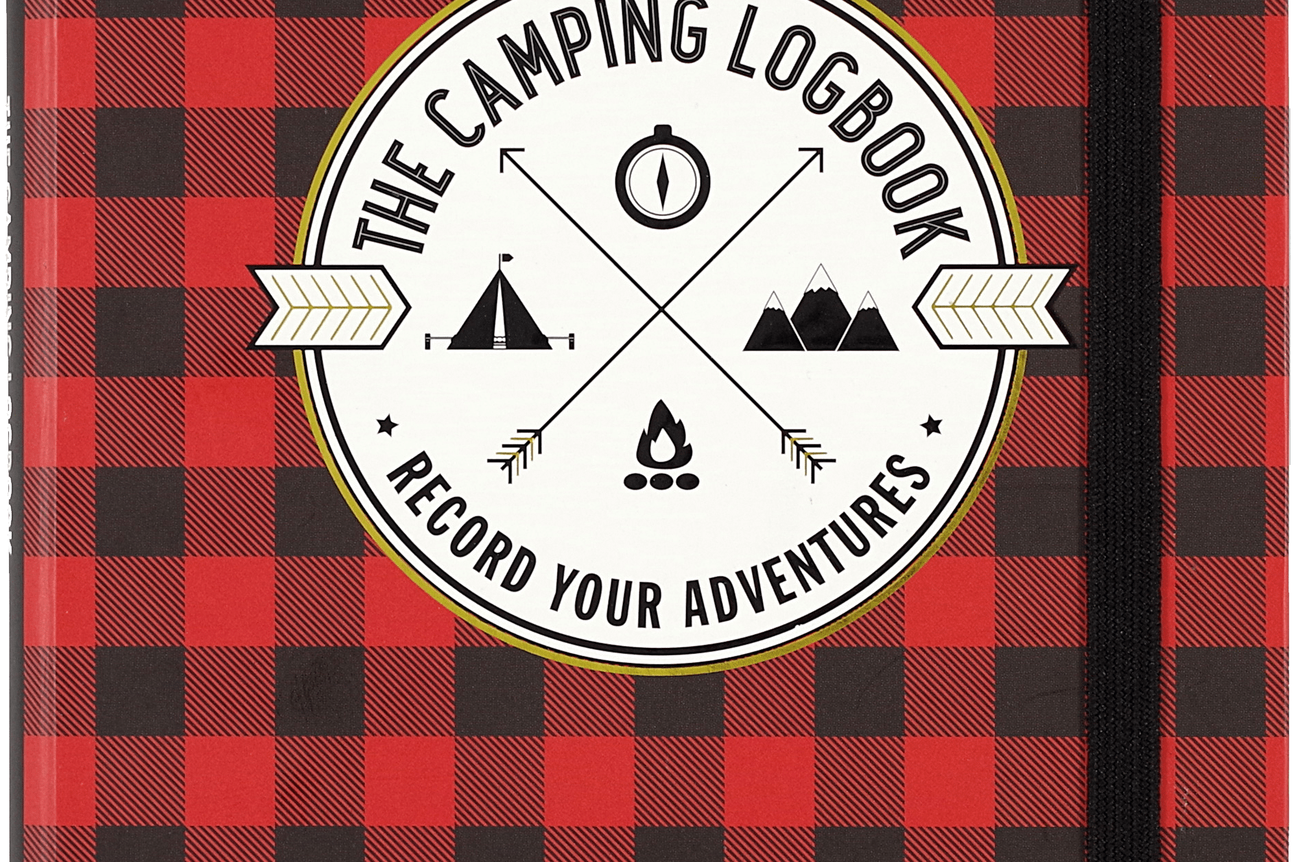 Red and black plaid notebook cover titled "The Camping Logbook: Record Your Adventures." Features icons of a compass, tent, mountains, and campfire. Rustic vibe.