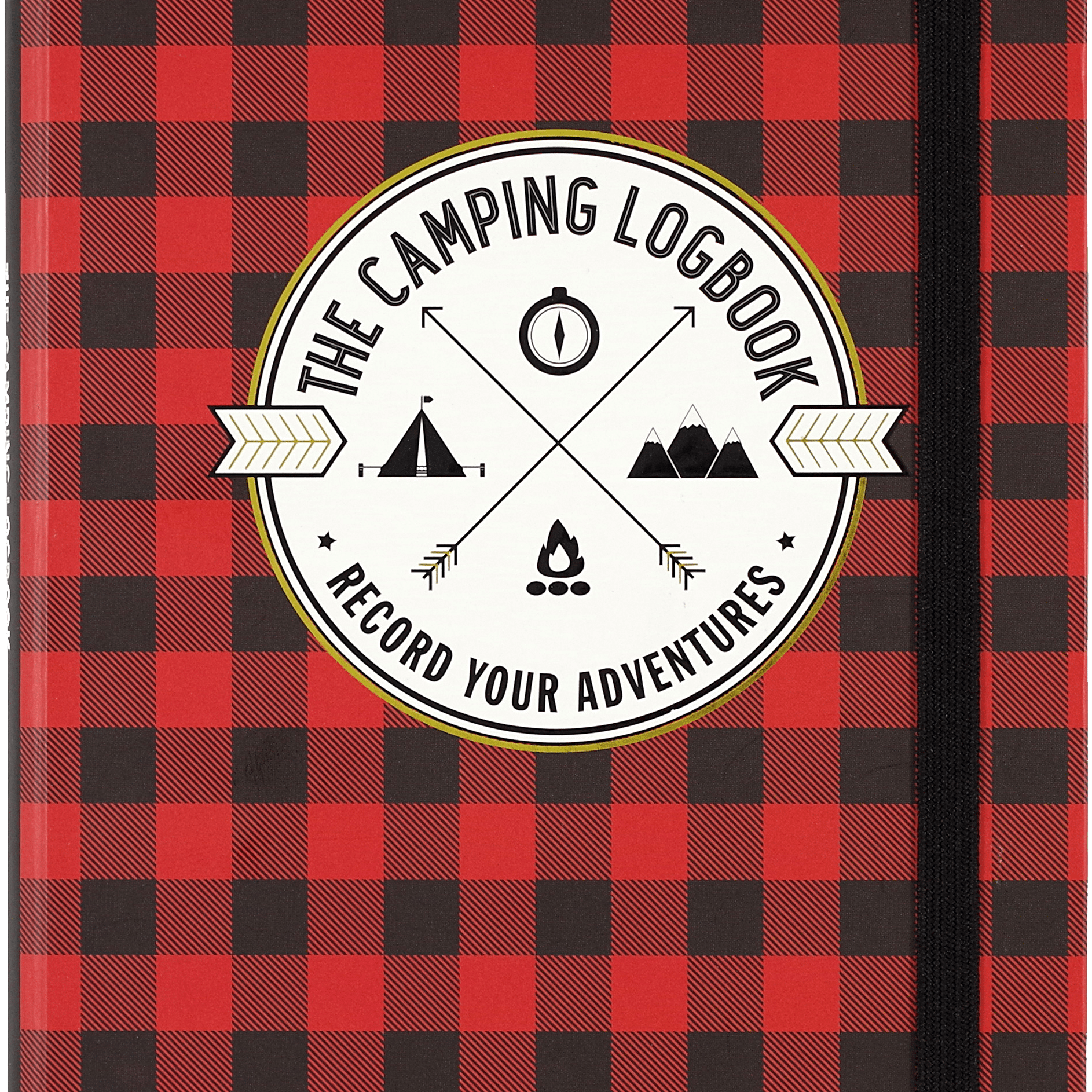 Red and black plaid notebook cover titled "The Camping Logbook: Record Your Adventures." Features icons of a compass, tent, mountains, and campfire. Rustic vibe.