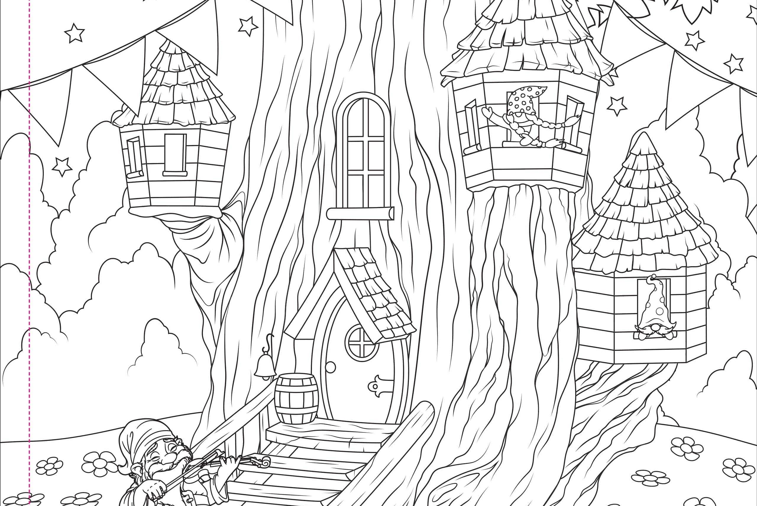 A whimsical treehouse scene with three cozy houses nestled in a large tree. A gnome plays a violin on a wooden bridge, surrounded by stars and bunting.