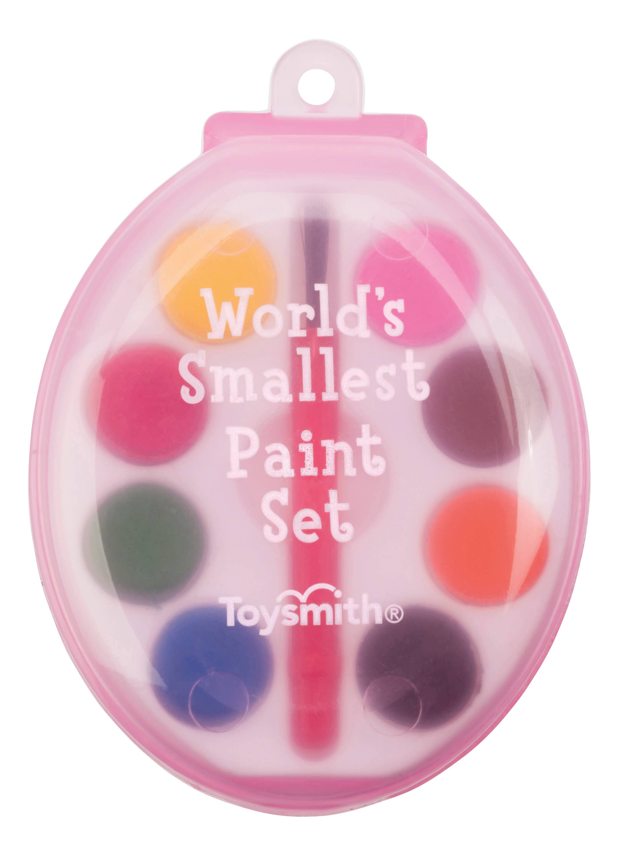 A small, oval-shaped pink case labeled "World's Smallest Paint Set" contains eight colorful paint disks and a tiny brush, evoking a playful, creative vibe.