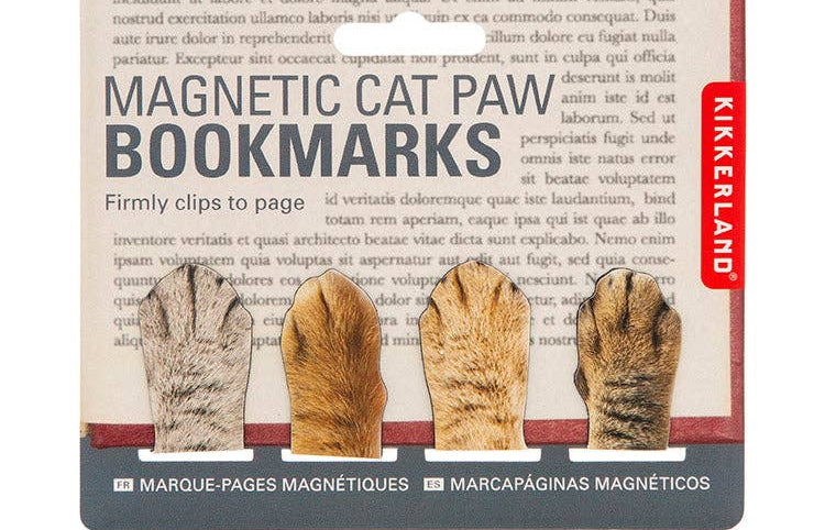 Magnetic bookmarks designed as cat paws in different fur patterns on a printed packaging. Text on packaging reads "Magnetic Cat Paw Bookmarks."