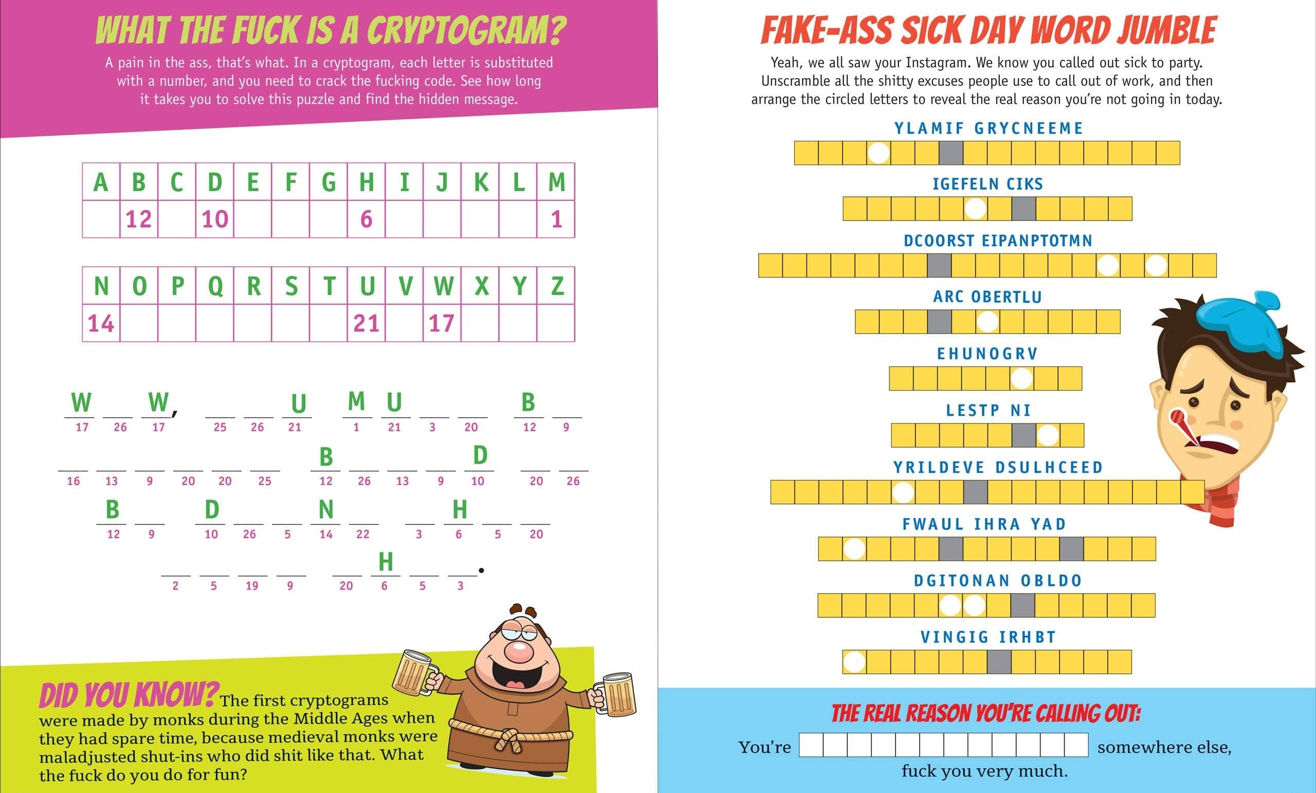 Two-page game book spread with a purple and blue background. Left page features a cryptogram puzzle with a humorous description about cryptograms, numbered letters, and a cartoon monk holding a pencil and paper. The right page presents a word jumble titled "Fake-Ass Sick Day Word Jumble," with scrambled words to decipher and a cartoon of a sick man wearing a hat and holding a thermometer. Both pages contain playful and cheeky language.