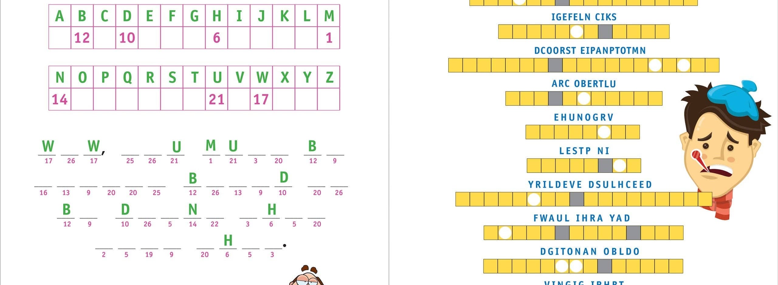 Two-page game book spread with a purple and blue background. Left page features a cryptogram puzzle with a humorous description about cryptograms, numbered letters, and a cartoon monk holding a pencil and paper. The right page presents a word jumble titled "Fake-Ass Sick Day Word Jumble," with scrambled words to decipher and a cartoon of a sick man wearing a hat and holding a thermometer. Both pages contain playful and cheeky language.