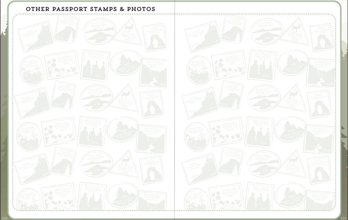 An open passport page labeled "Other Passport Stamps & Photos" filled with faint, overlapping stamp illustrations oflandscapes and wildlife. Sparse, organized, neutral.