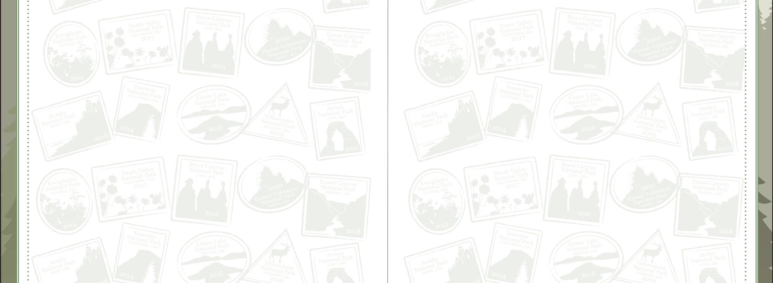 An open passport page labeled "Other Passport Stamps & Photos" filled with faint, overlapping stamp illustrations oflandscapes and wildlife. Sparse, organized, neutral.