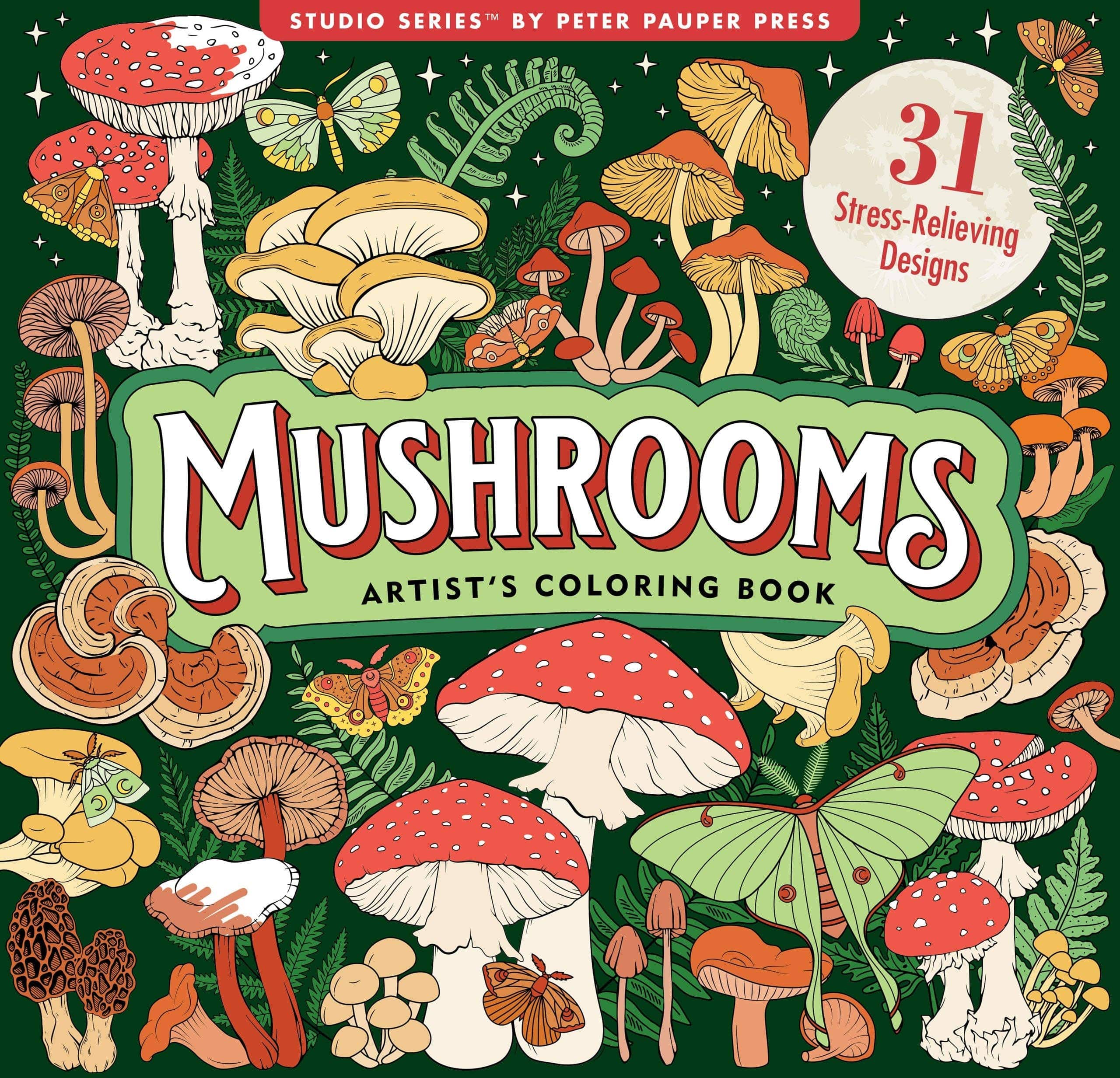 Colorful mushroom illustrations cover a book titled "Mushrooms: Artist's Coloring Book" with 31 stress-relieving designs. Vibrant and whimsical.