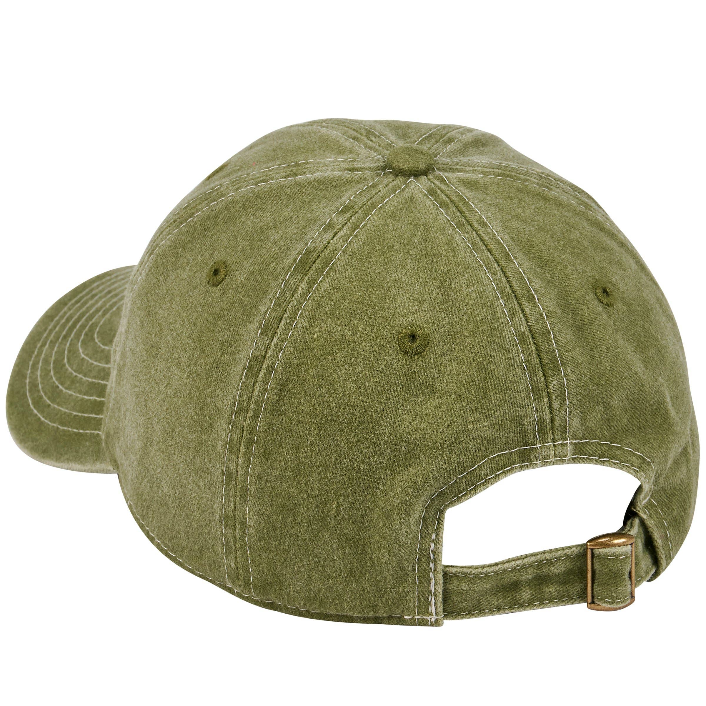 A green baseball cap with visible stitching details on its panels. The cap's back is open with an adjustable strap and a brass buckle. The tone is casual.